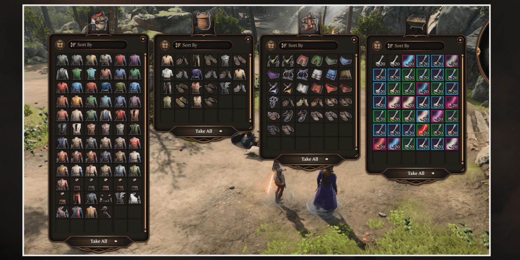 multiple camp clothes and dyes from Baldur's Gate 3, displayed by a mod.