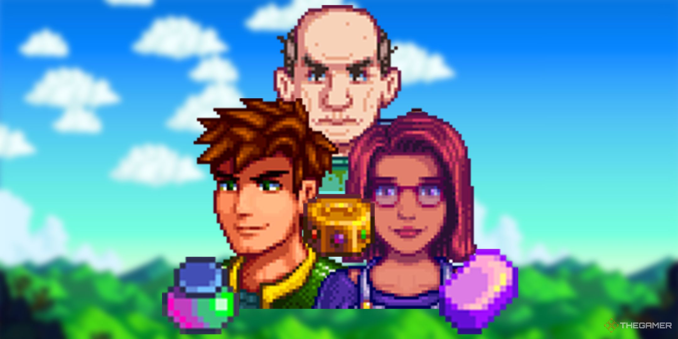 Stardew Valley Geroge with Artifact Trove, Maru with Iridium Bar, Alex with Magic Hair Gel