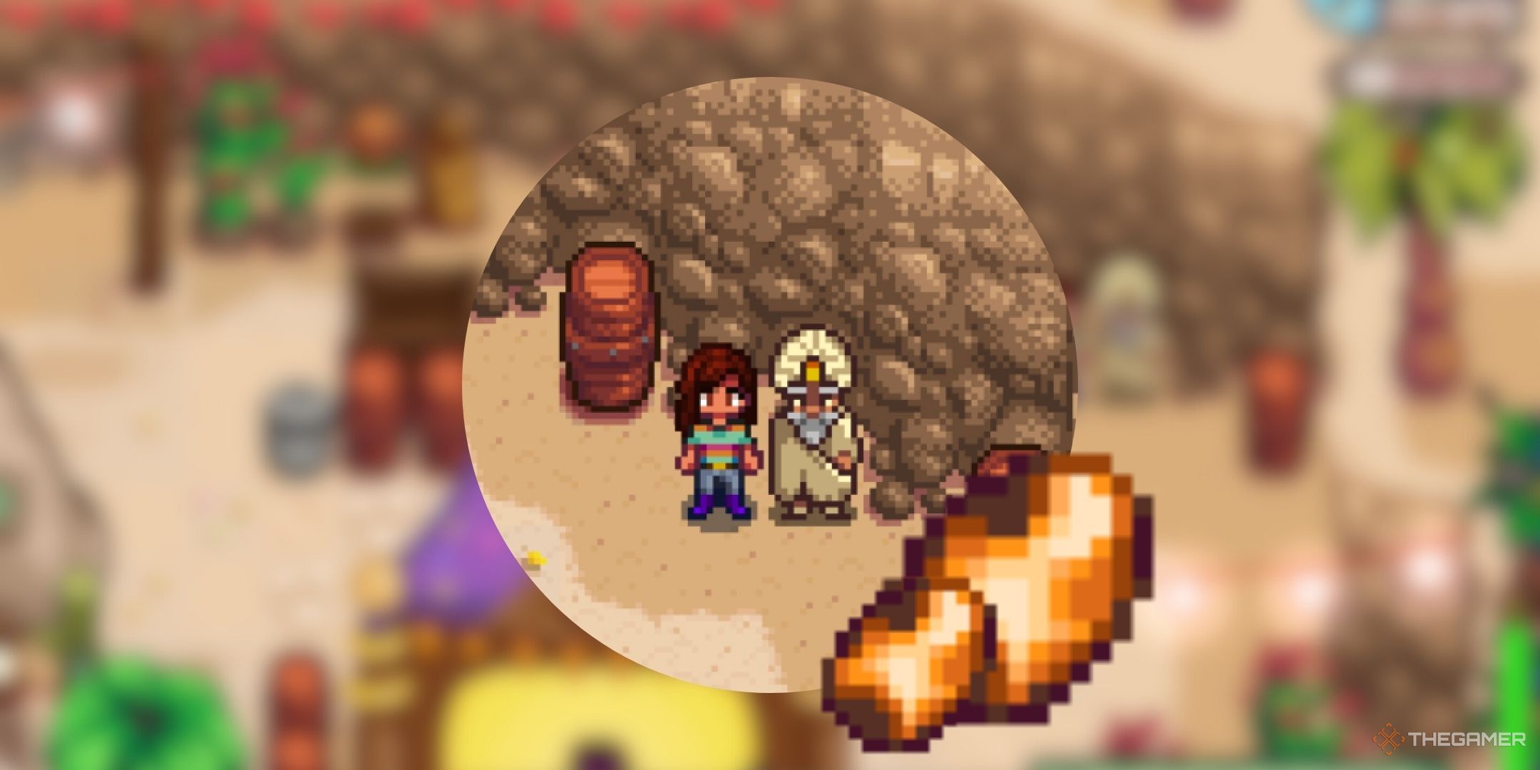 Stardew Valley farmer standing next to scholar with calico eggs