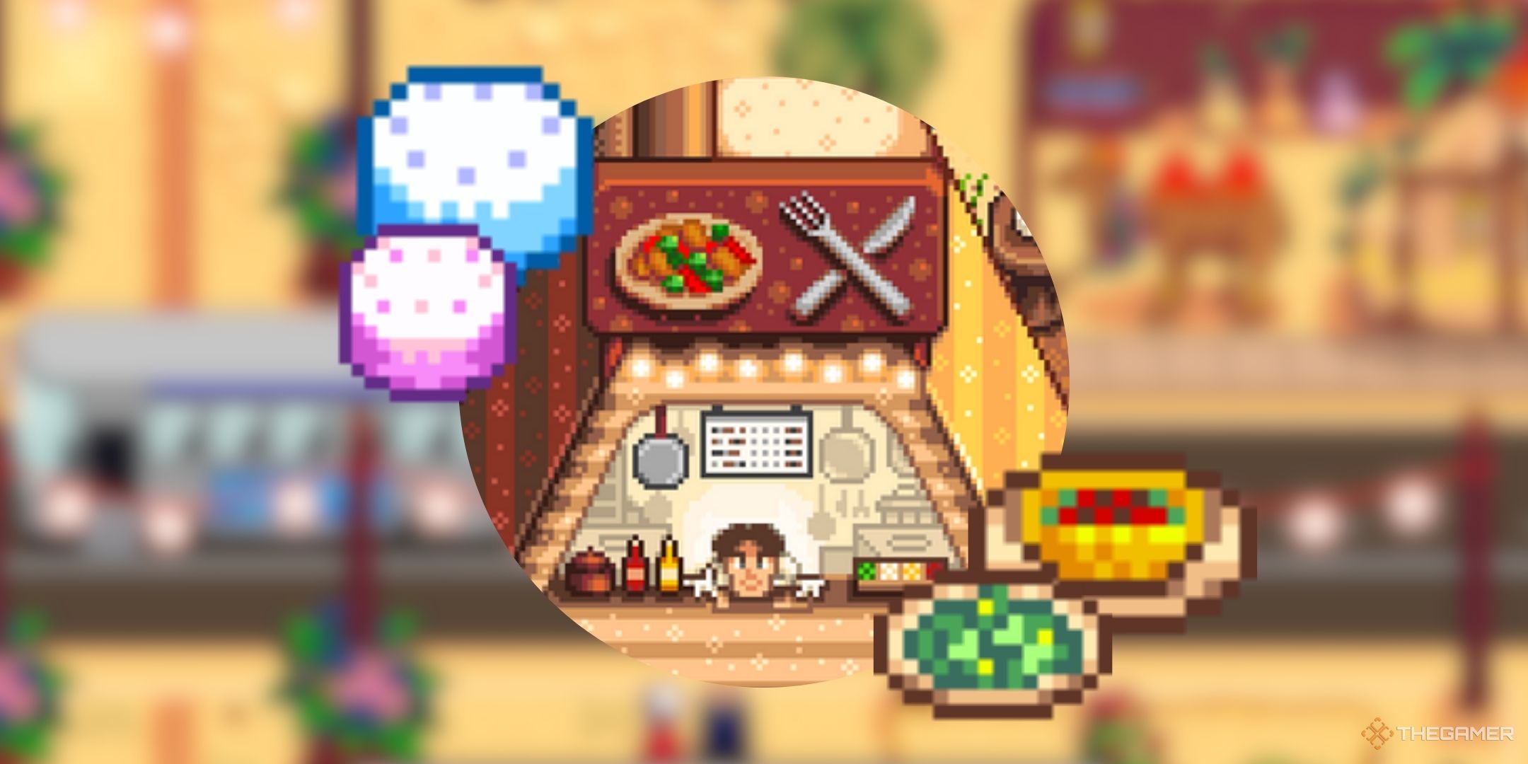 Stardew Valley Desert Festival Chef with Crystal Cake, Sweet Bean Cake, Sour Salad and Spicy Tacos on blurred background