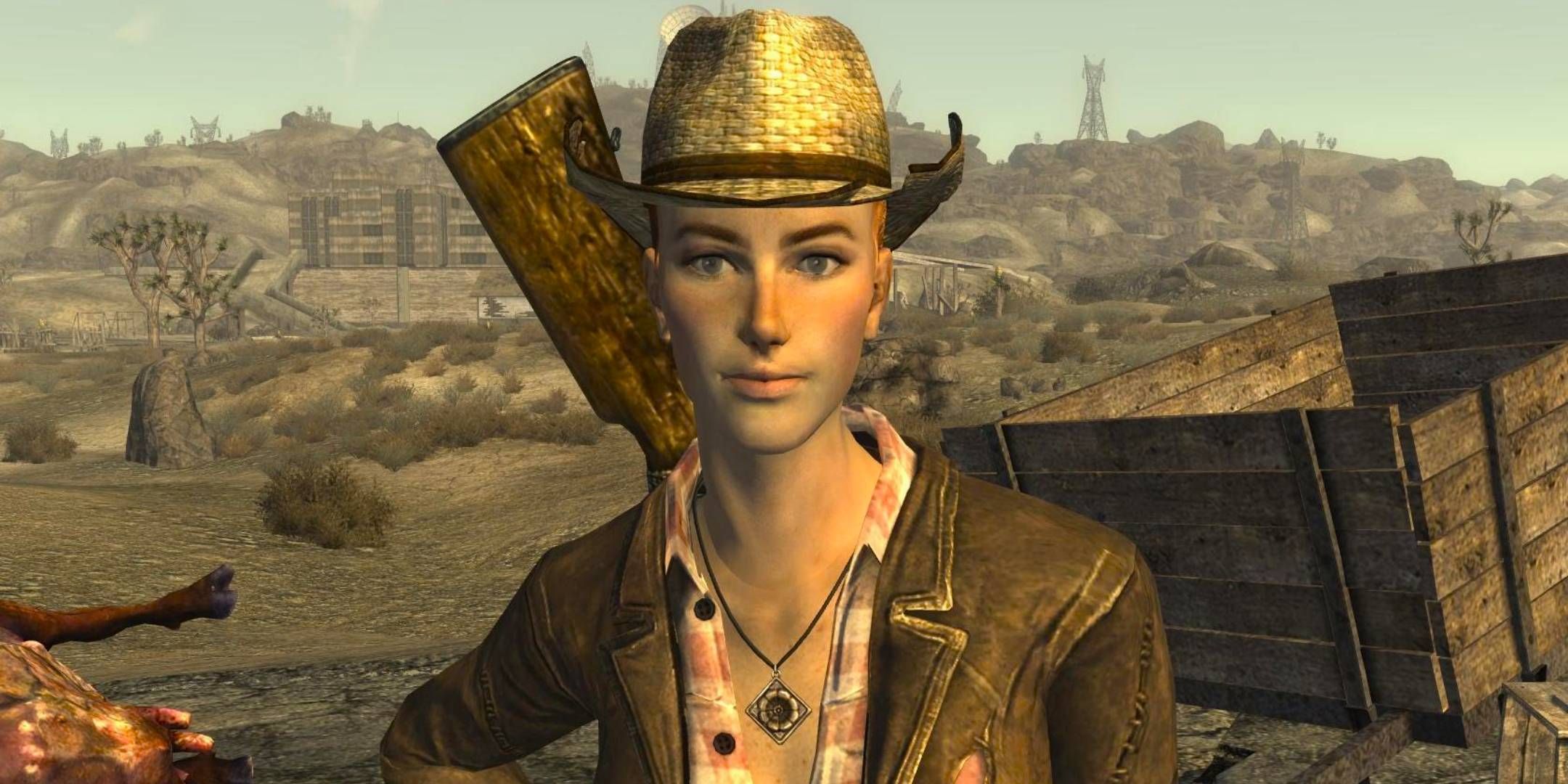 Fallout New Vegas screenshot of Cass Rose of Sharon Cassidy looking at the player.