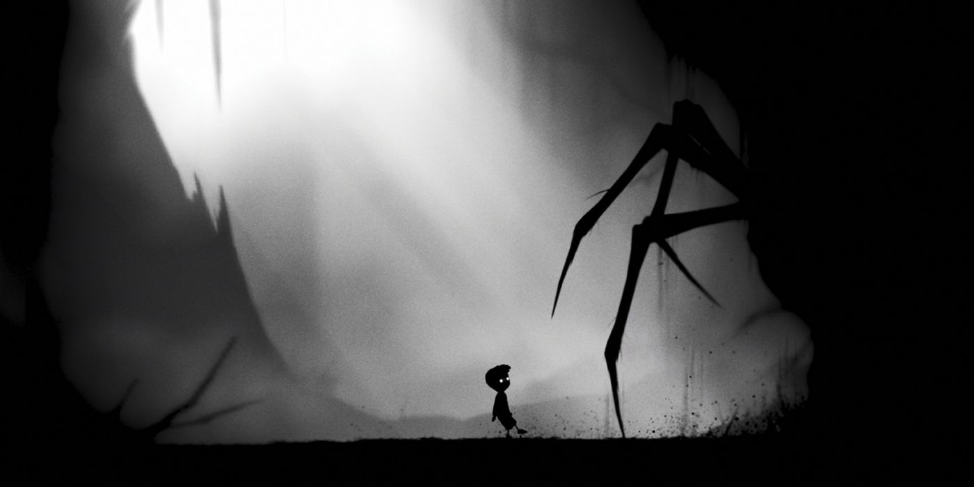 A giant Spider attacking the protagonist in Limbo.