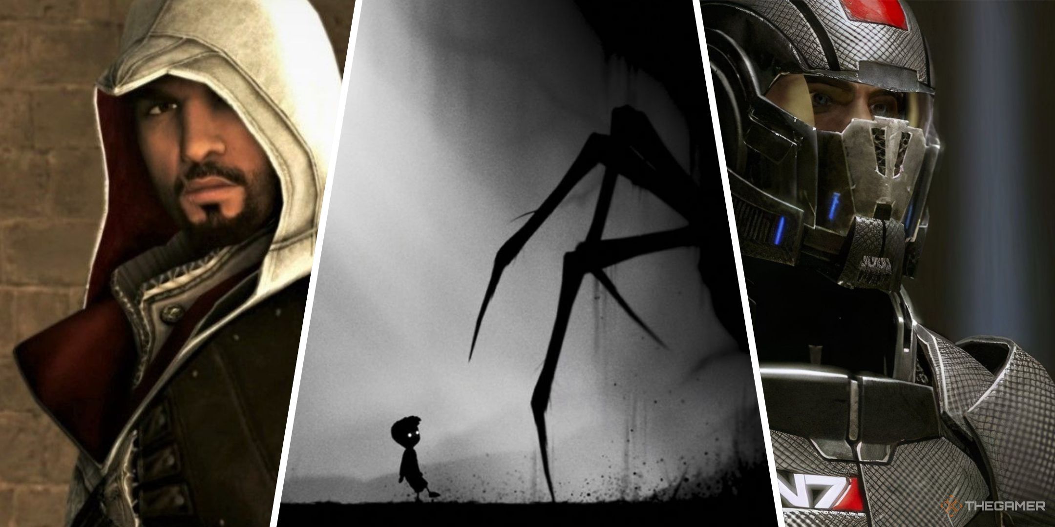 Games Turning 15 In 2025 Featured Image containing screenshots from Assassin's Creed Brotherhood, Limbo, and Mass Effect 2.