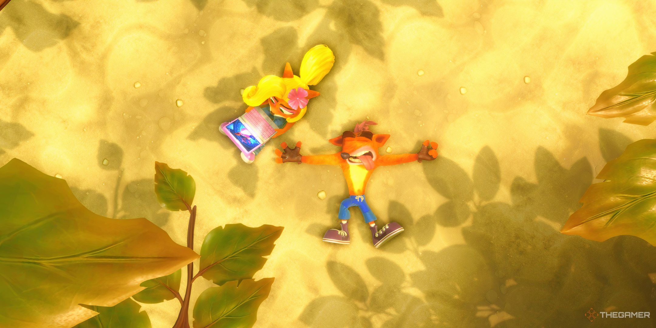 Crash and Coco Bandicoot lying on the sand in Crash Bandicoot N. Sane Trilogy