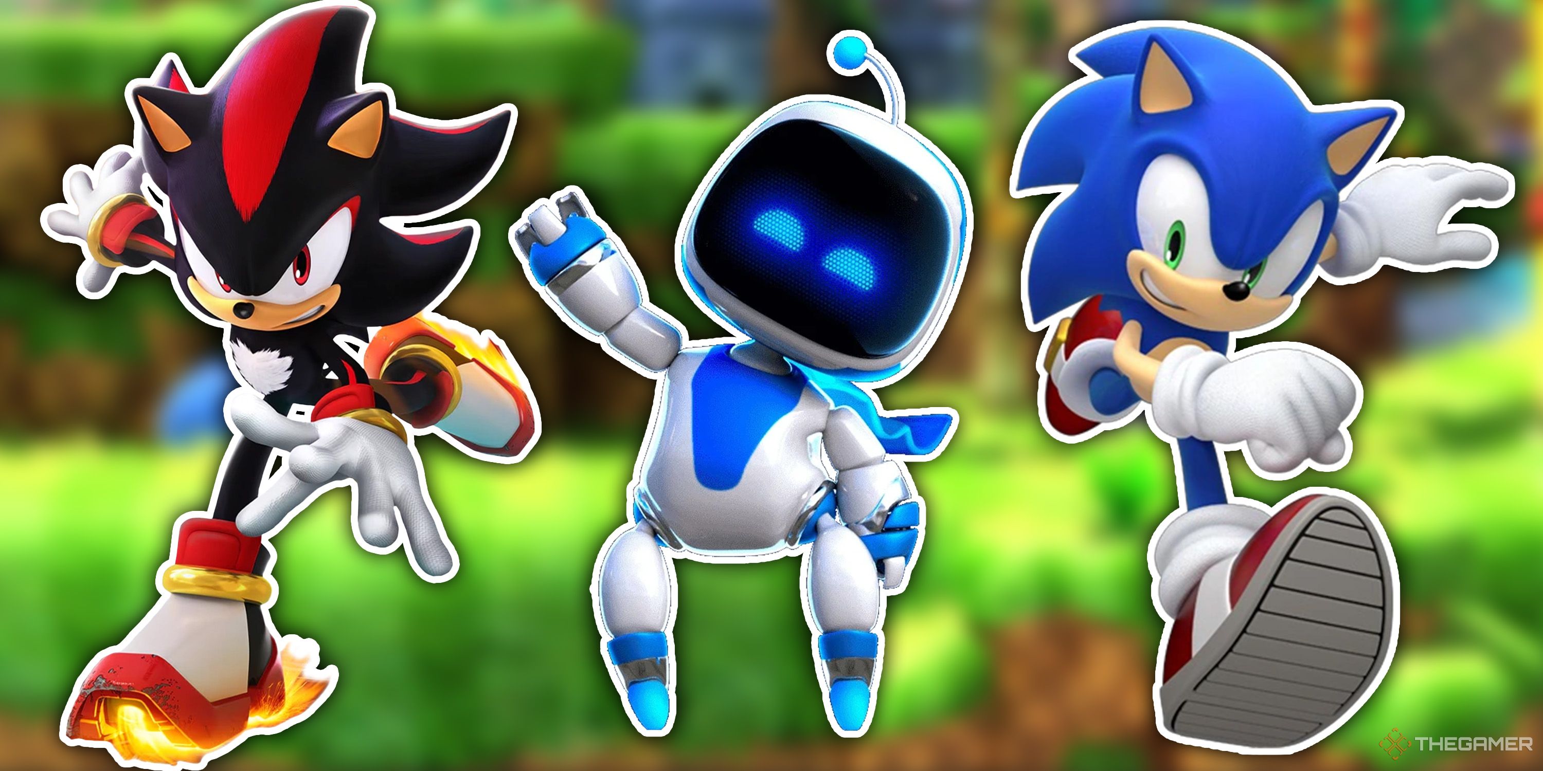 Sonic, Shadow, and Astro Bot in Green Hill Zone.