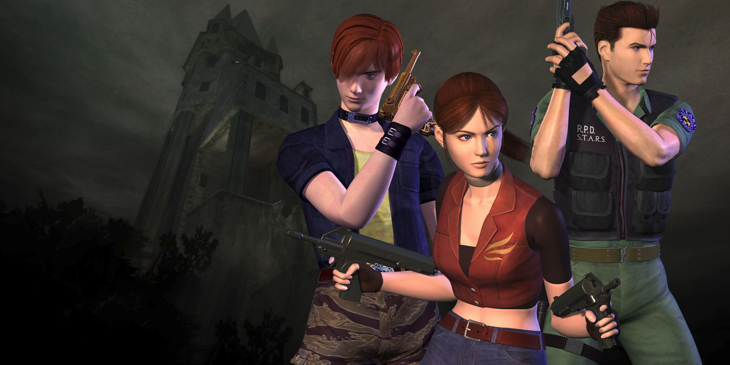 Claire Redfield, Chris Redfield, and Steve flexing their guns in Resident Evil - Code: Veronica.