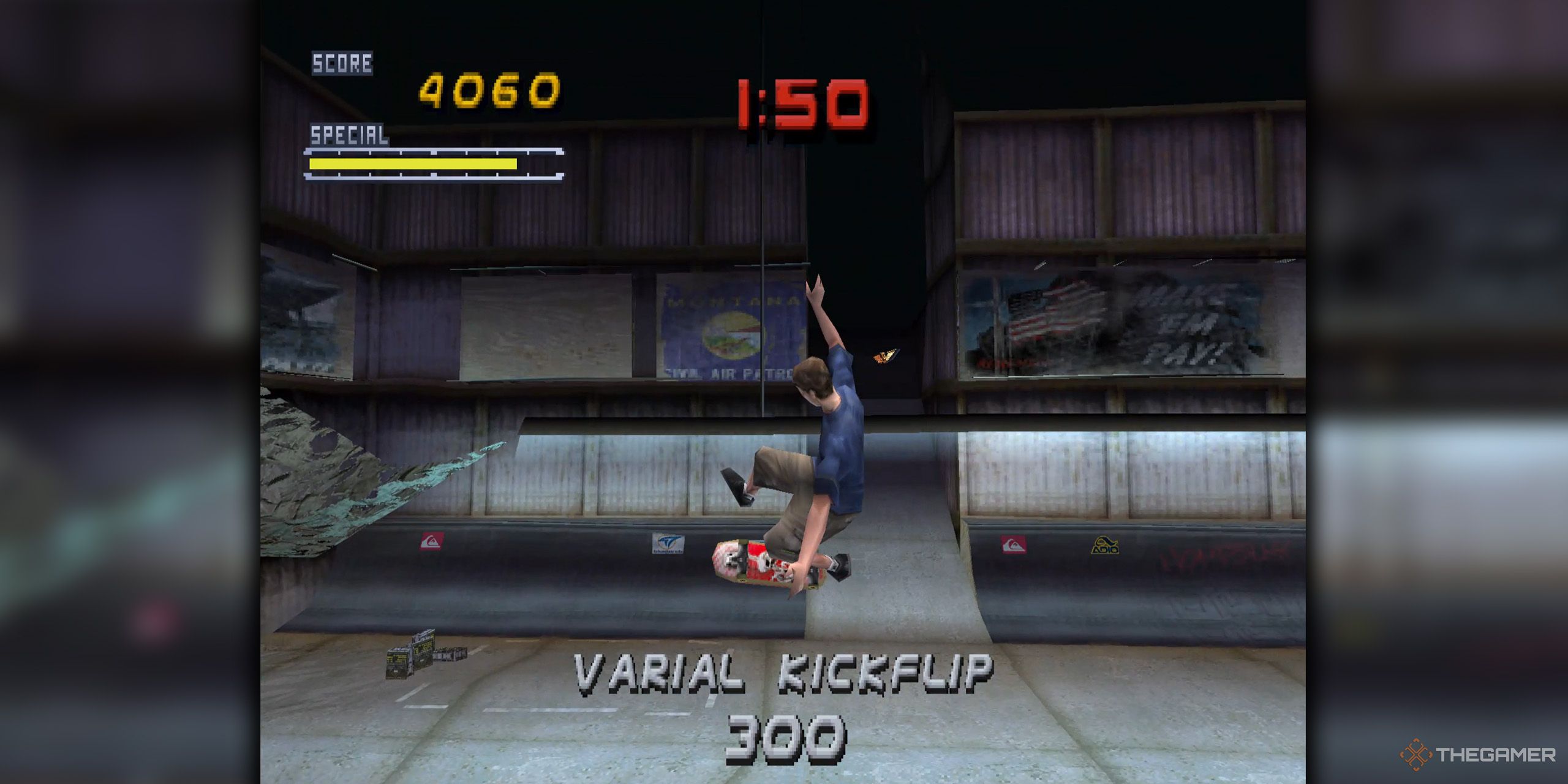 Tony Hawk doing an arial kickflip in Tony Hawk's Pro Skater 2.