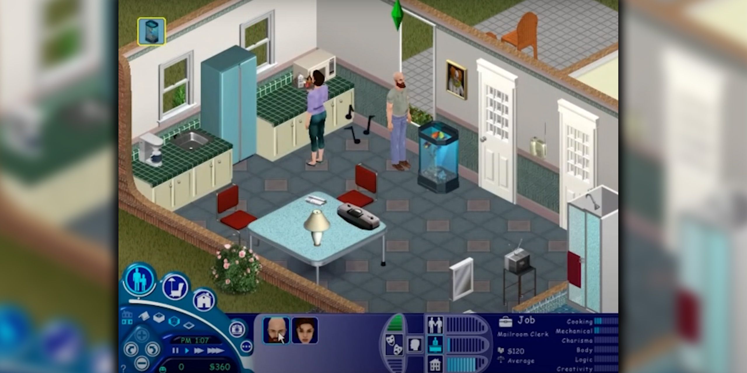 Two Sims hanging out in the kitchen in The Sims.