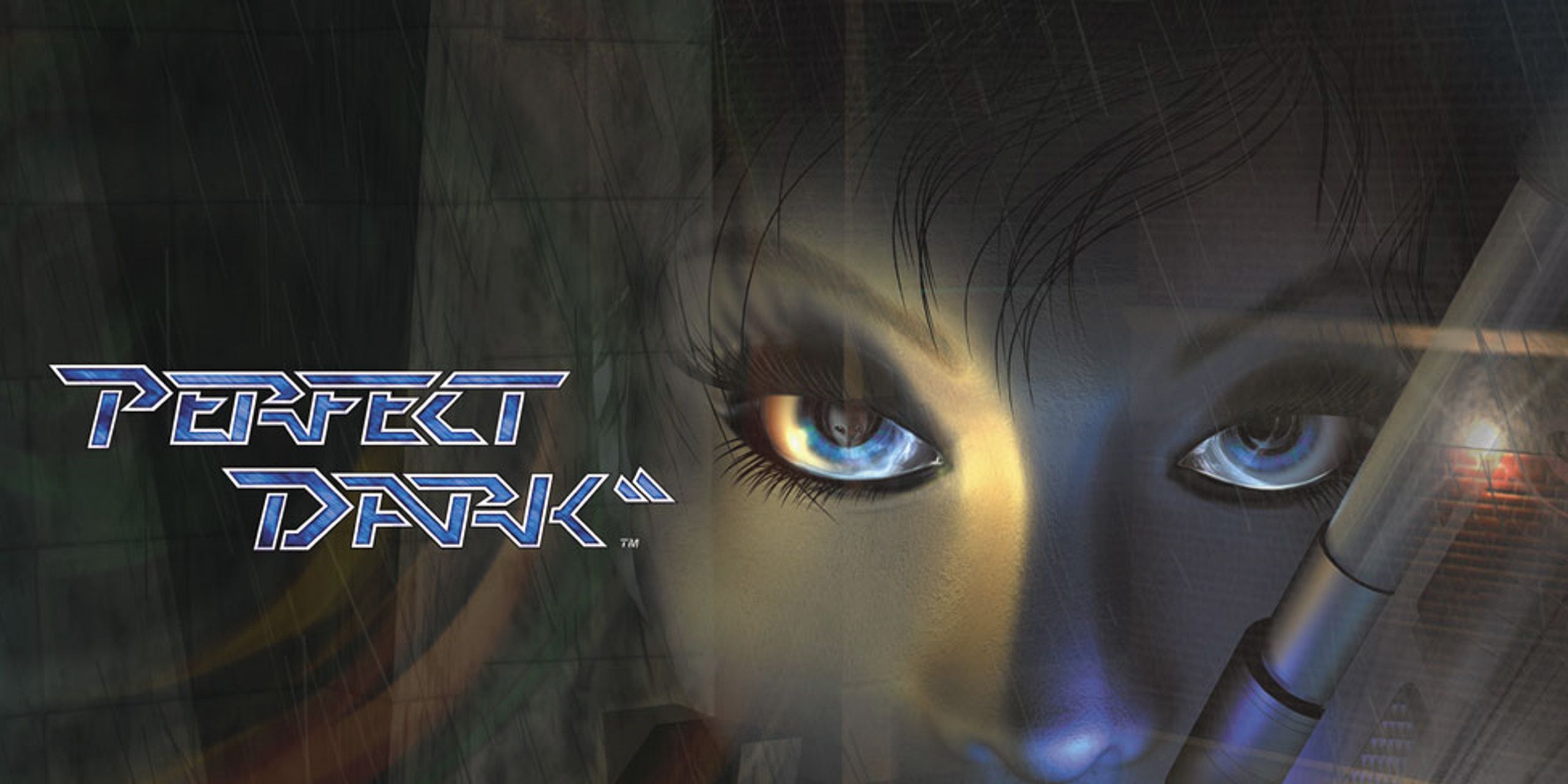 A close-up of Joanna Dark flexing her gun next to the game's logo in Perfect Dark.