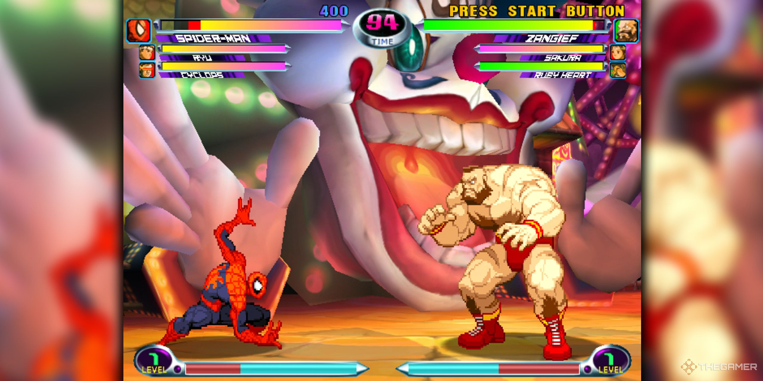 Spider-Man fighting Zangief in a carnival level from Marvel vs. Capcom 2.