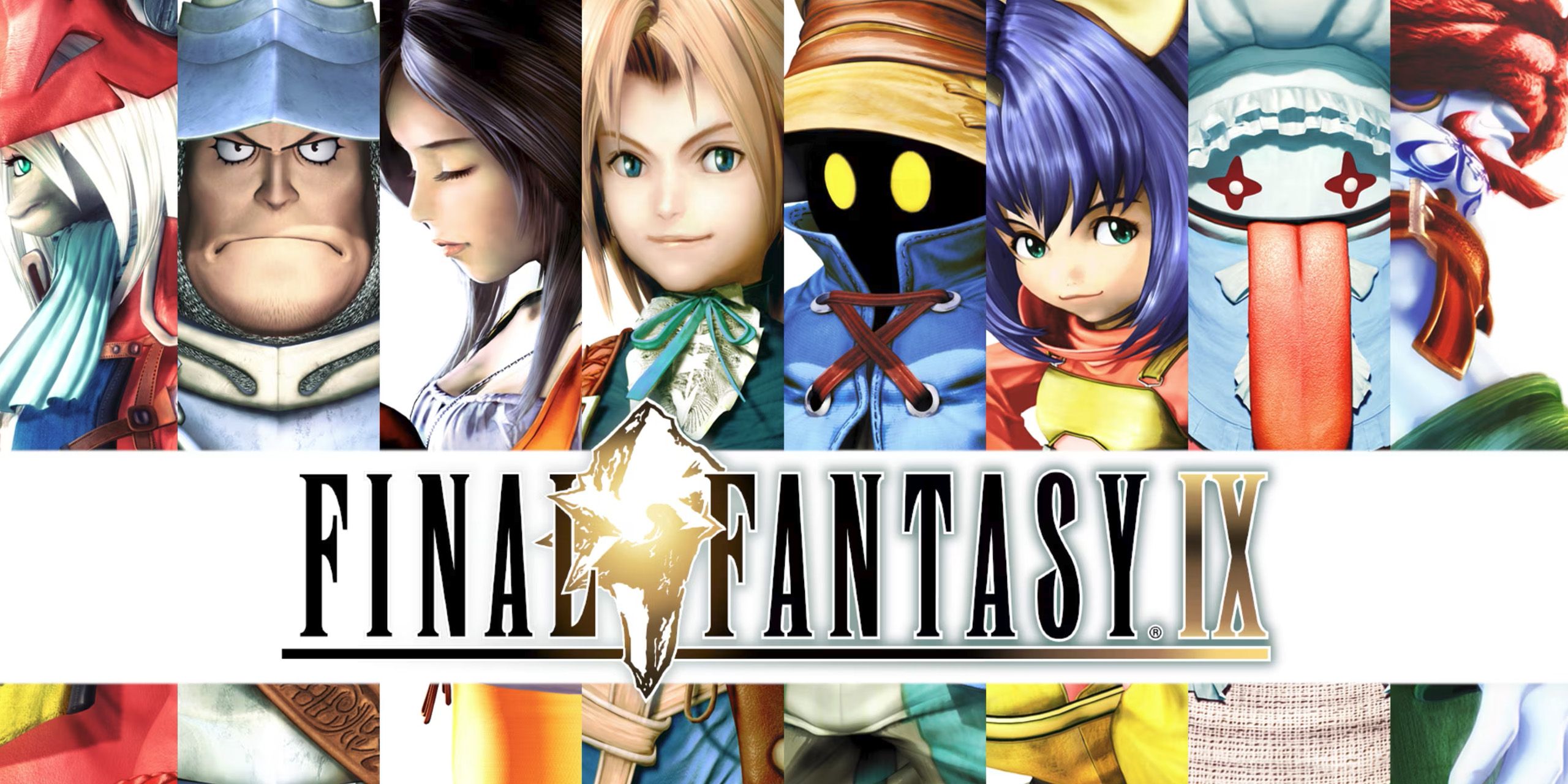 The main cast from Final Fantasy 9 behind the game's logo.