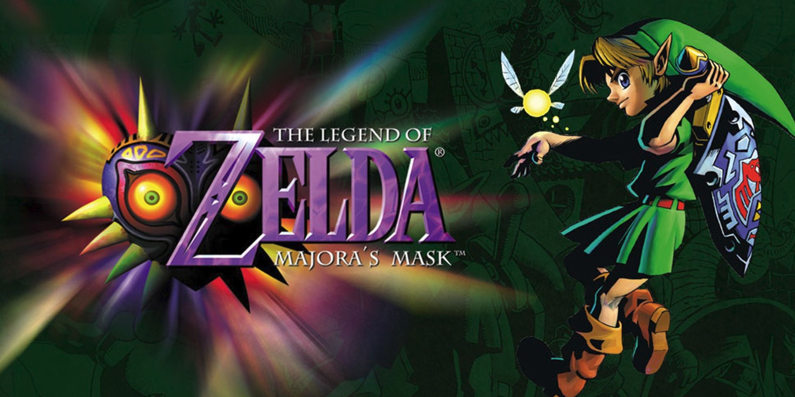 Link and Tatl standing next to the game's logo from The Legend of Zelda: Majora's Mask.