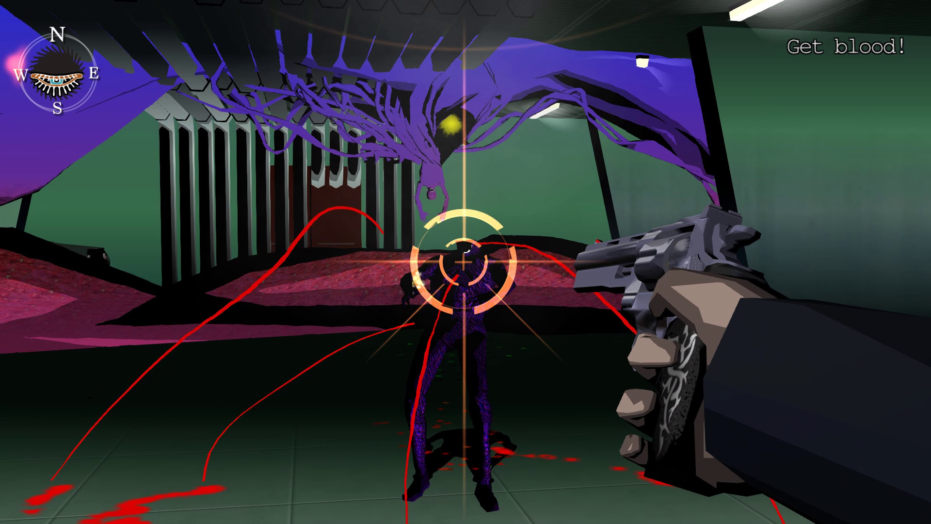 Blood spurting out of an enemy as you blast them with a revolve in Killer7 - the background has trippy effects