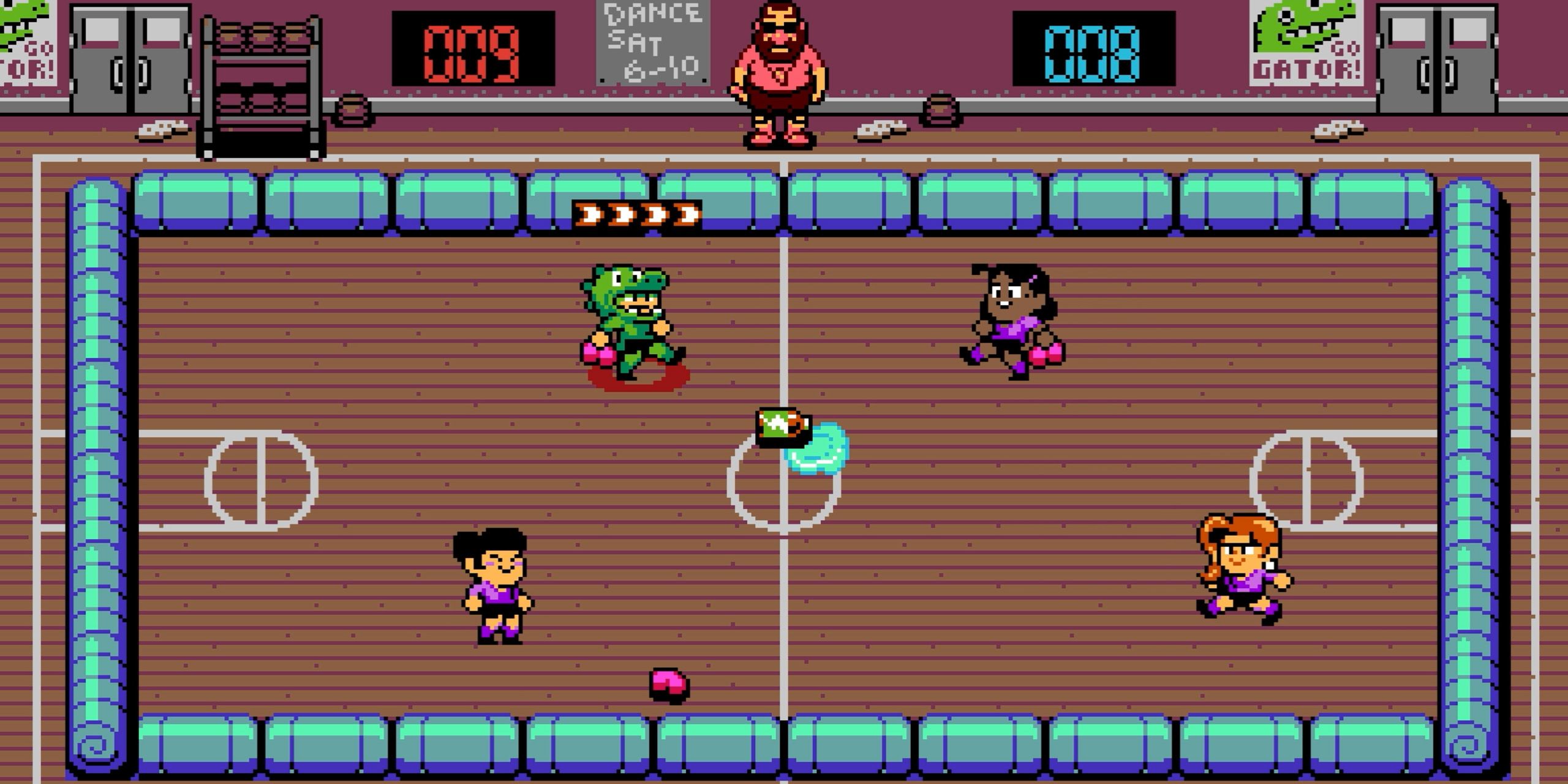 Four people playing dodgeball in a gym from UFO 50.