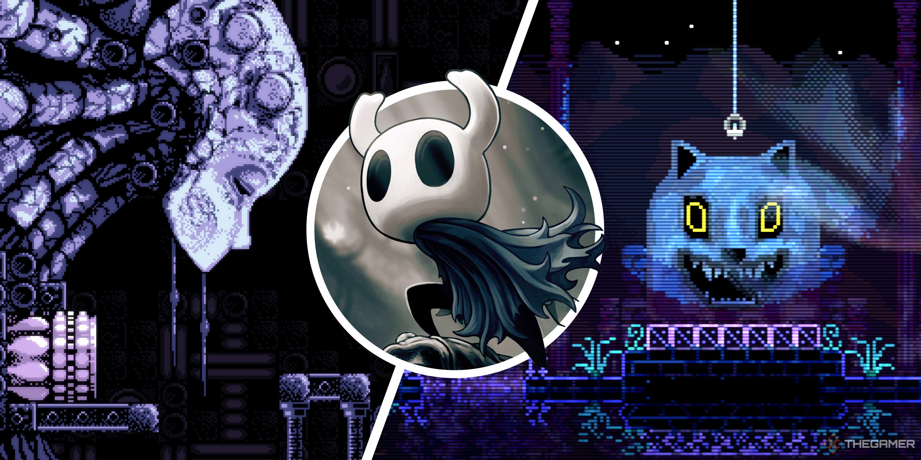 Split image of Hollow Knight, Axiom Verge, and Animal Well