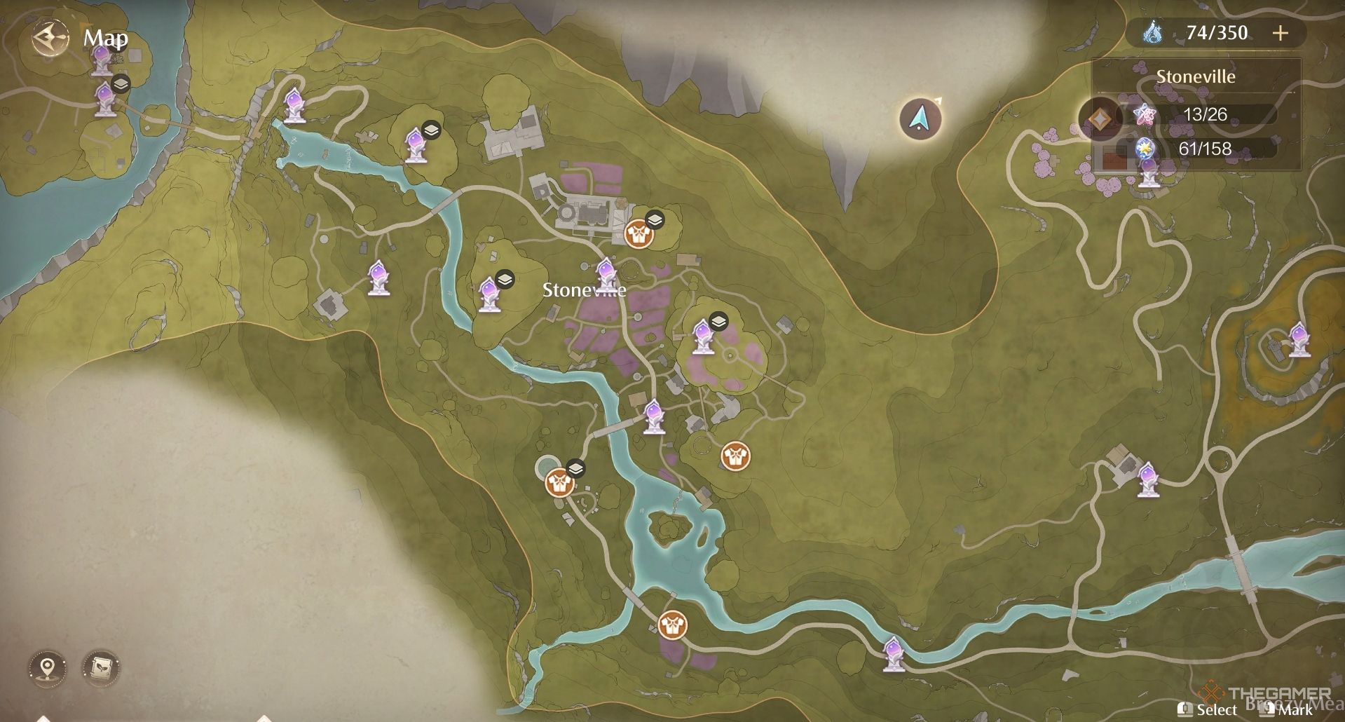 A map of Stoneville showcasing clothing store locations in Infinity Nikki