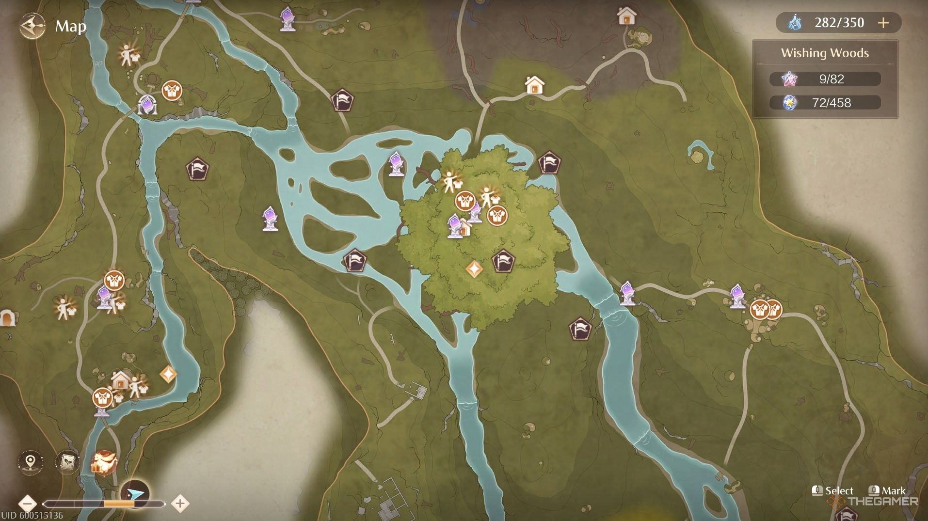 Map of Wishing Woods showing clothing merchants in Infinity Nikki