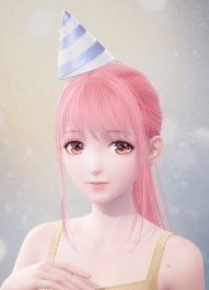 Nikki wearing a blue and white party hat in Infinity Nikki