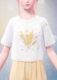 Nikki wearing a white tee shirt with a gold design in Infinity Nikki