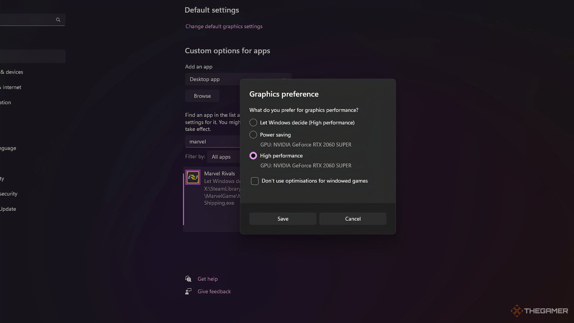 Windows Display settings showing graphics performance options.