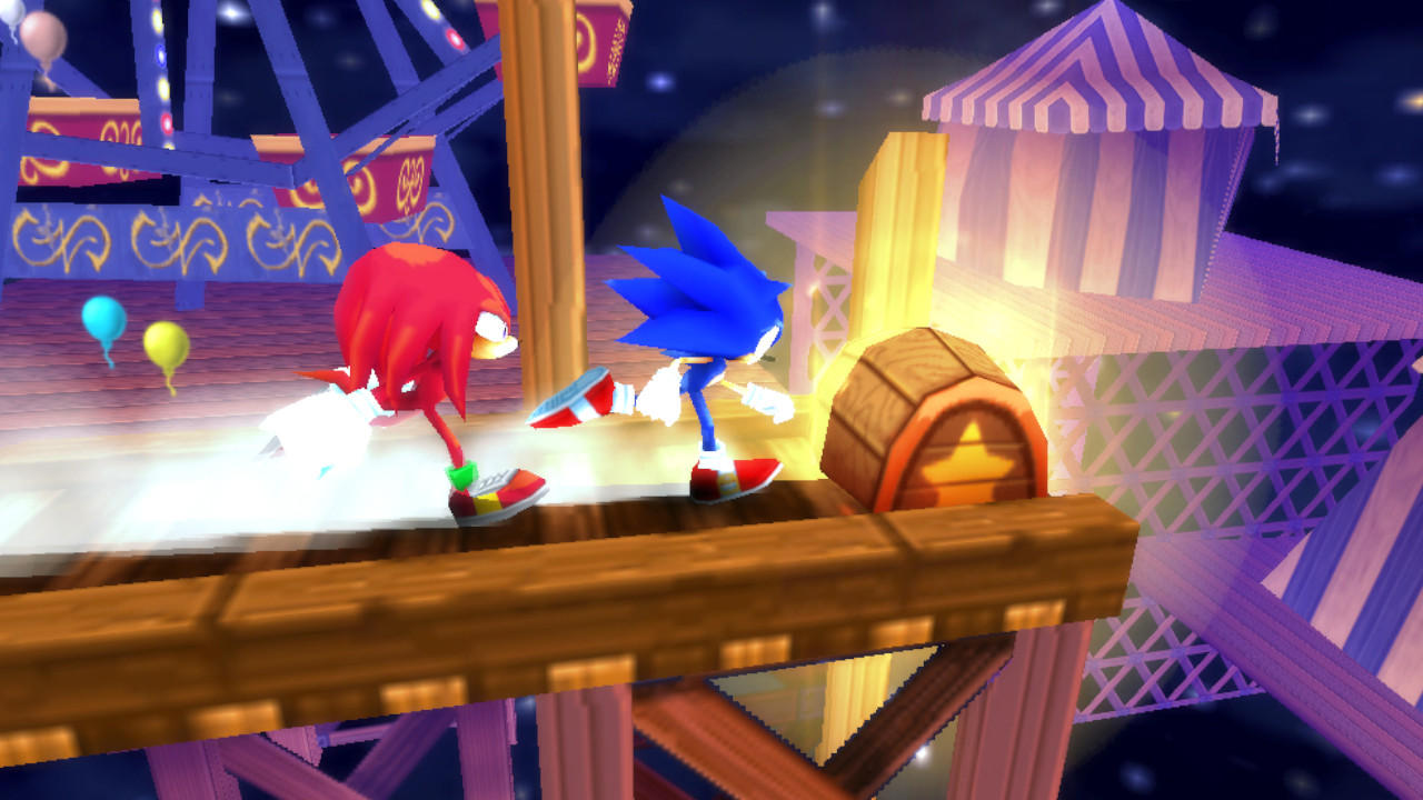 Sonic and Knuckles race through a casino stage in Sonic Rivals for PSP