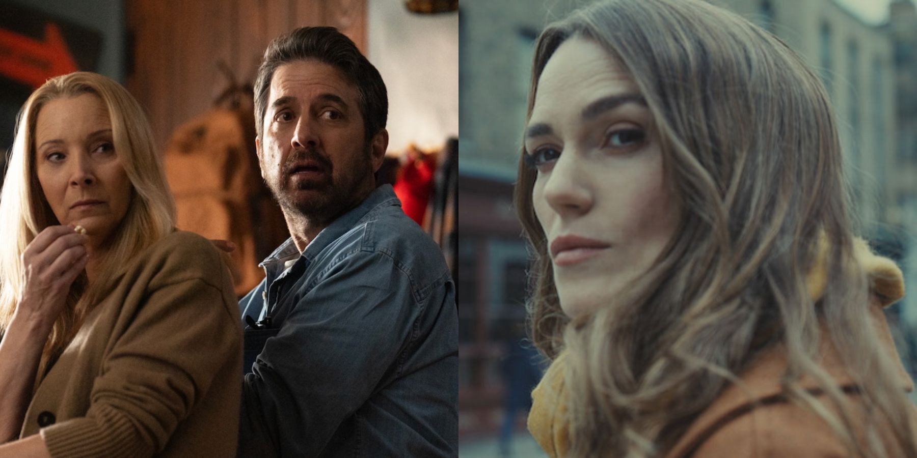 Split image of Lisa Kudrow and Ray Romano in No Good Deed and Keira Knightly in Black Doves