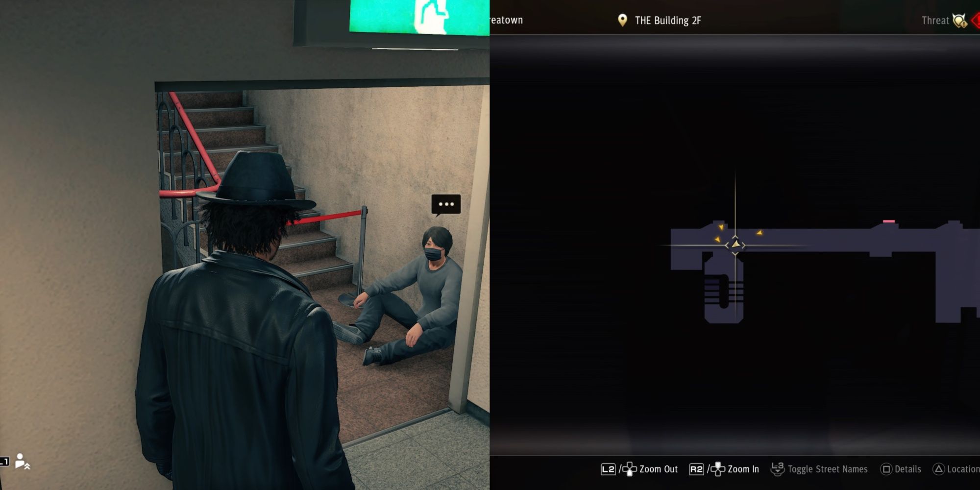 Ichiban walking inside a building with a man sitting on the ground in Yakuza: Like a Dragon.