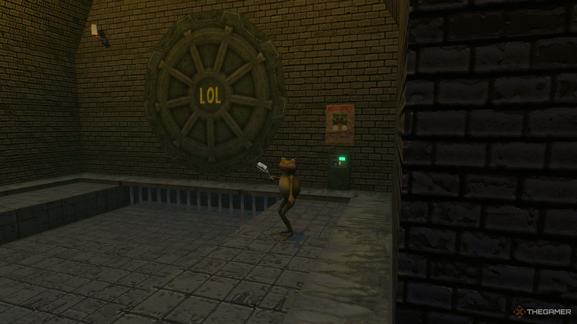 A frog with a keycard opening the LOL vault in Amazing Frog.