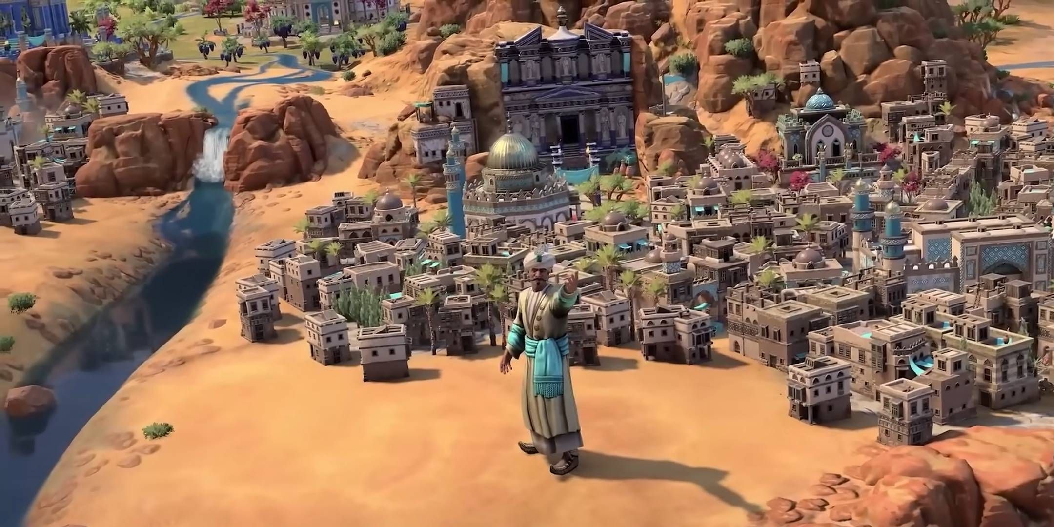 Man standing in front of a city in Civilization 7.