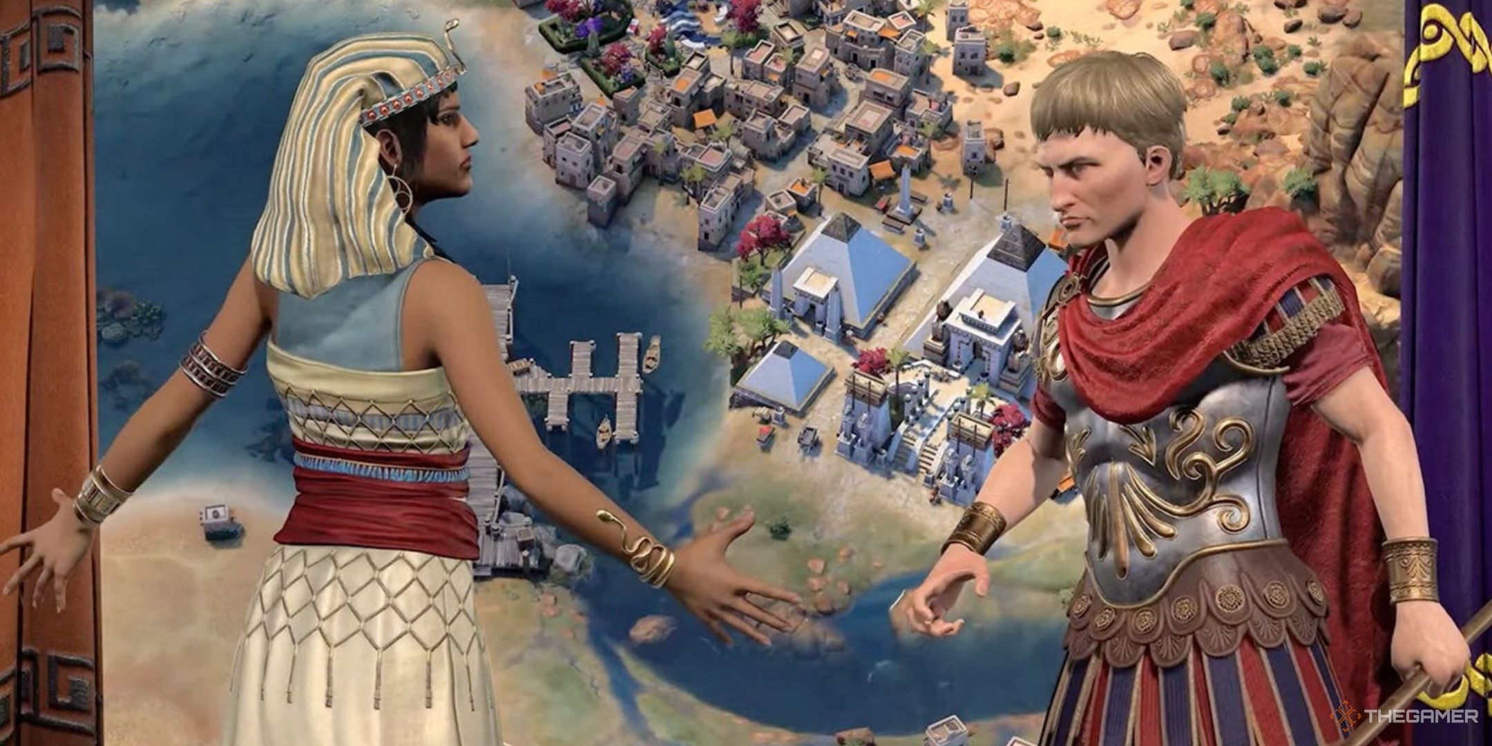 The leaders of egypt and rome facing each other in Civilization 7.