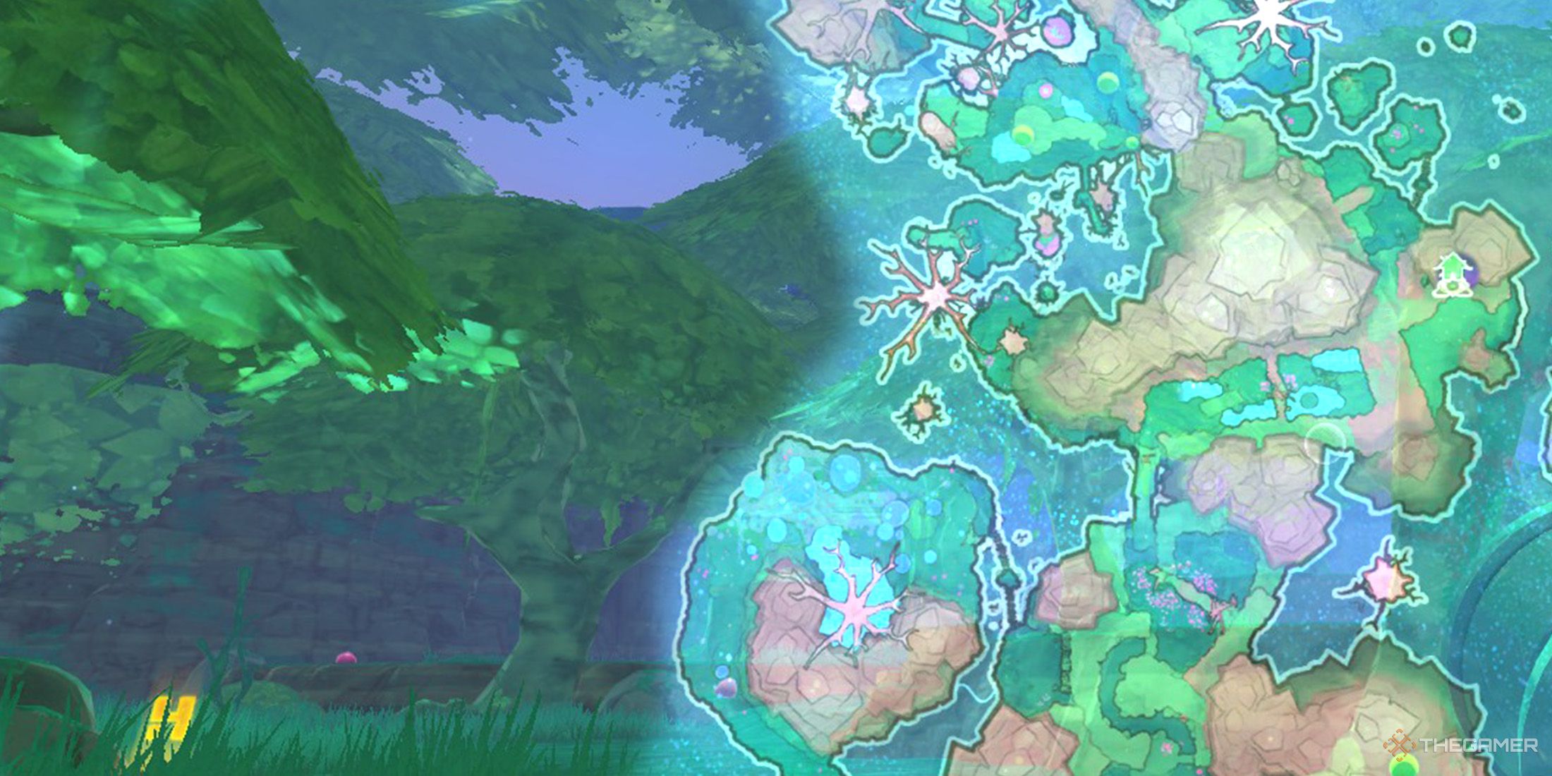 The Moss Blanket map is on the right side, with some mossy trees on the left, in Slime Rancher.