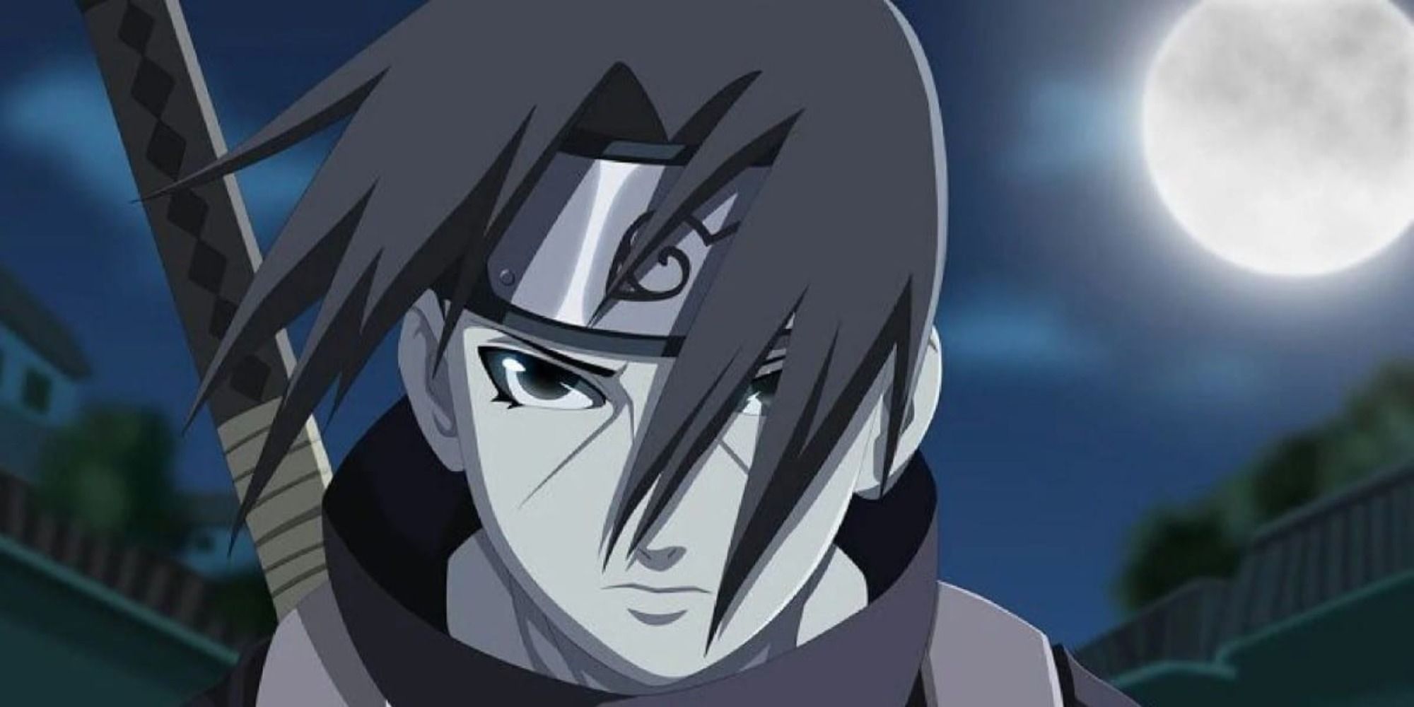 Itachi Uchiha in Naruto looking straight out of the screen in a full moon background.