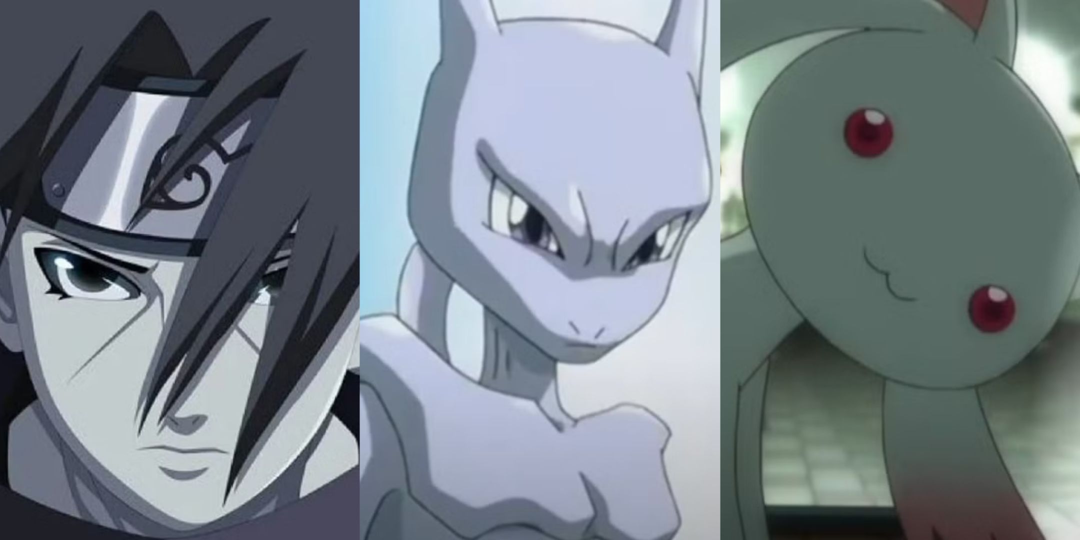 Left to right: Itachi from Naruto, Mewtwo from Pokemon, Kyubey from Madoka Magica