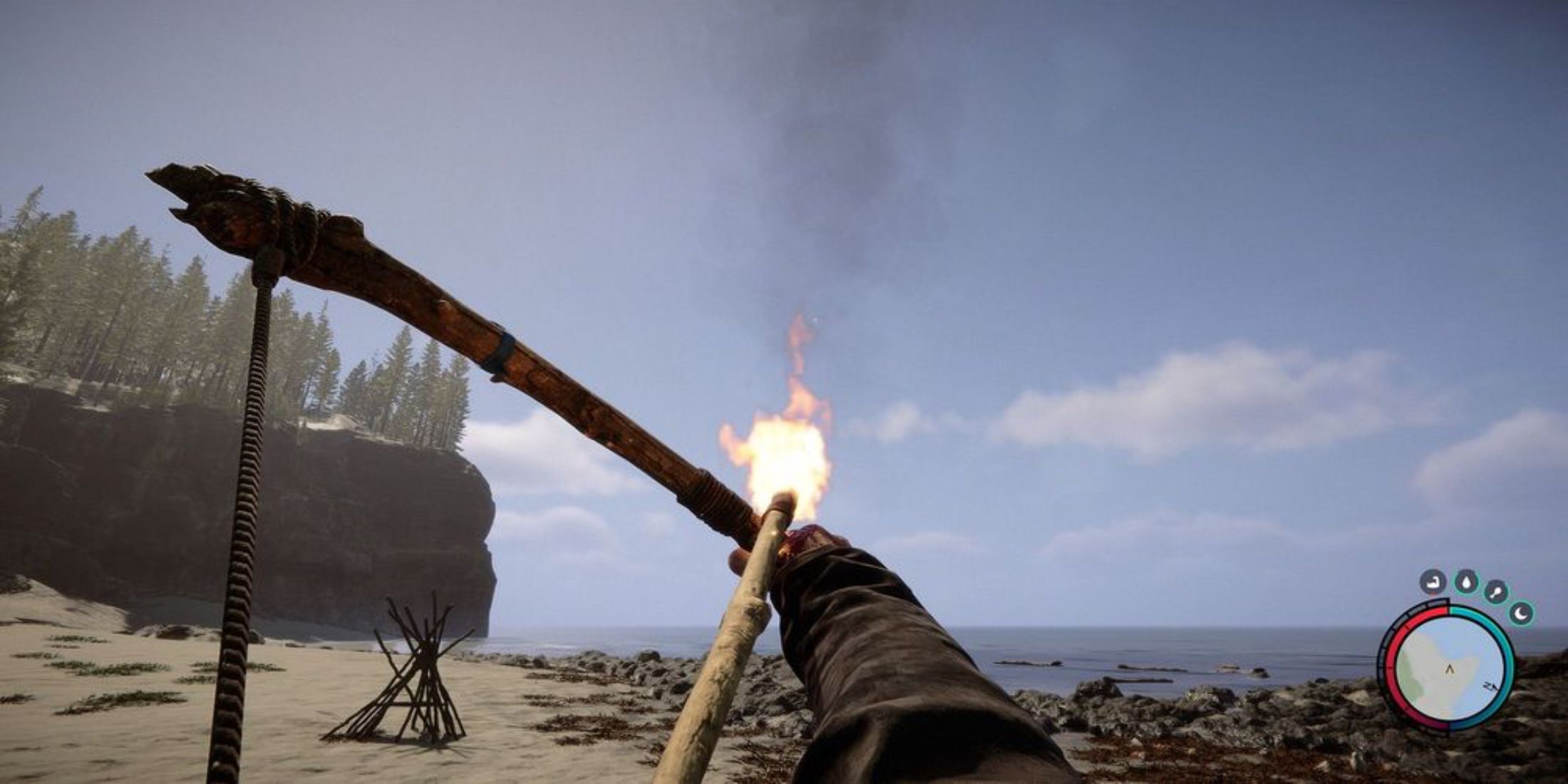 The player aiming a Flaming Arrow at the sky on the beach