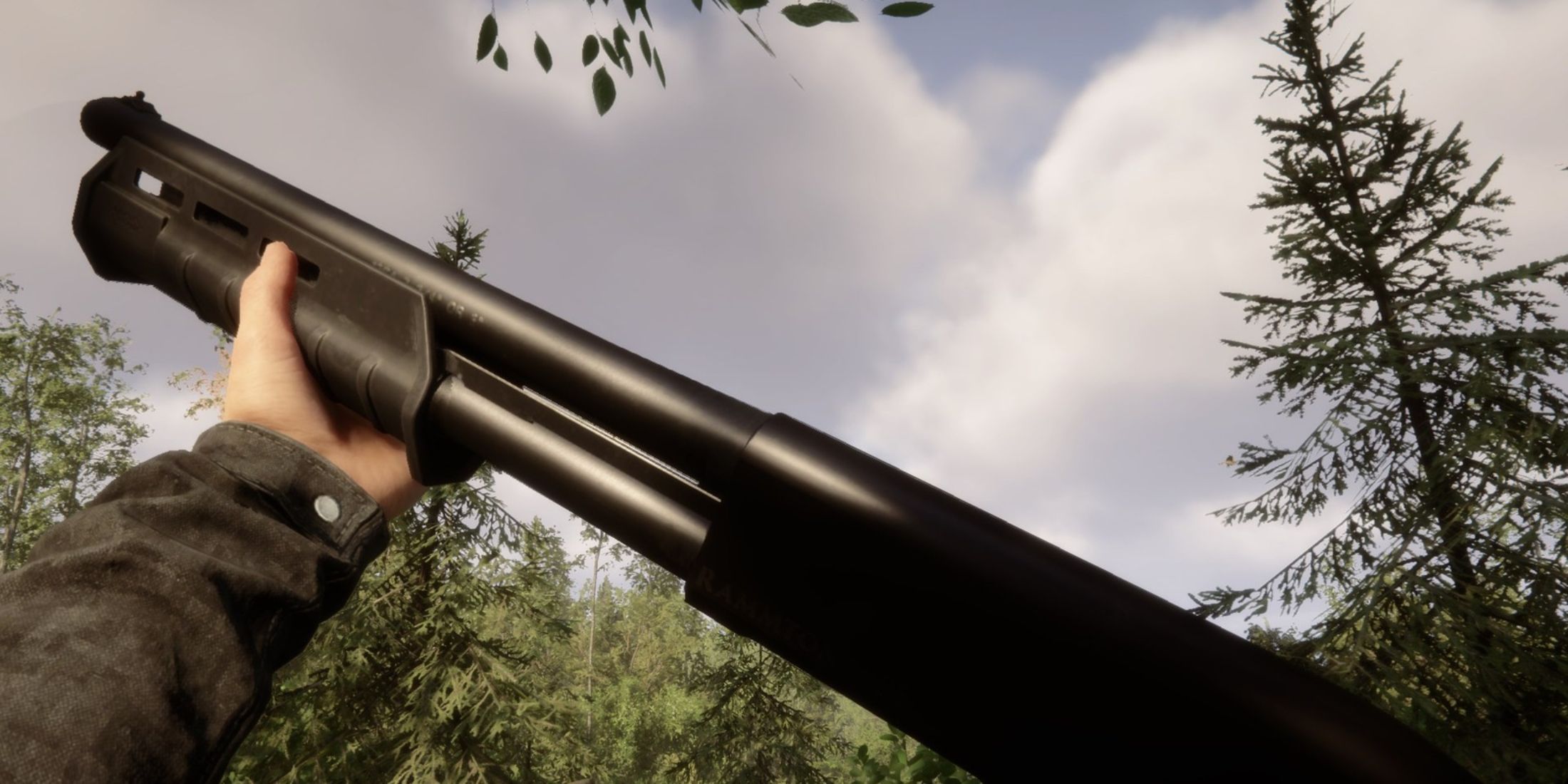 The player holding a shotgun up to the sky