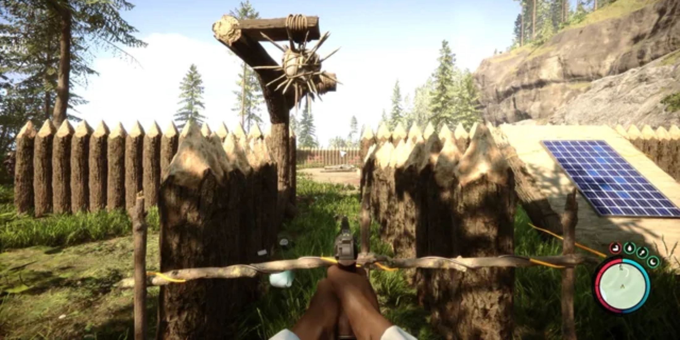 A player looking at their trap near a cliffside 