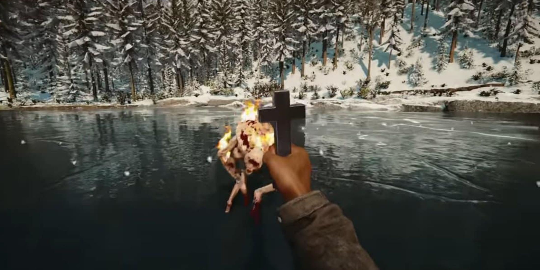 A player wielding a Cross and setting a mutant ablaze on top of a frozen river