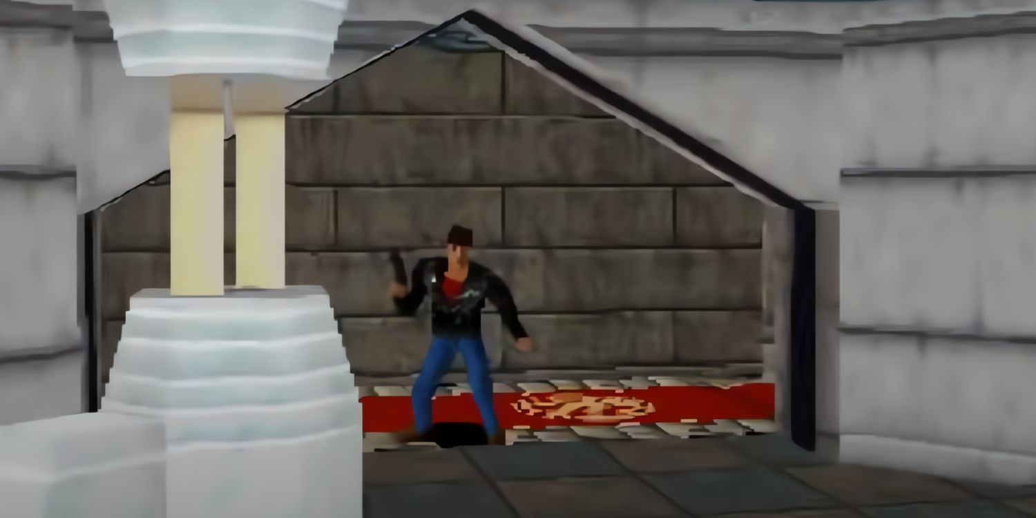 Time Crisis screenshot of protagonist stands in a doorway.