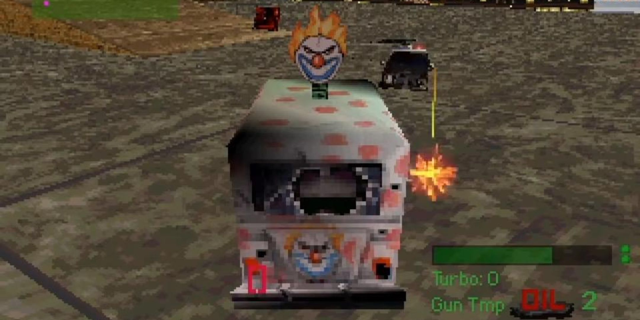 Twisted Metal screenshot of clown truck shooting at car.