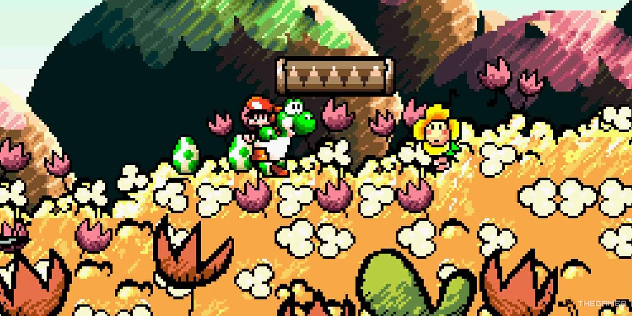 Yoshi carries Baby Mario across a gold field in Super Mario World 2: Yoshi's Island.