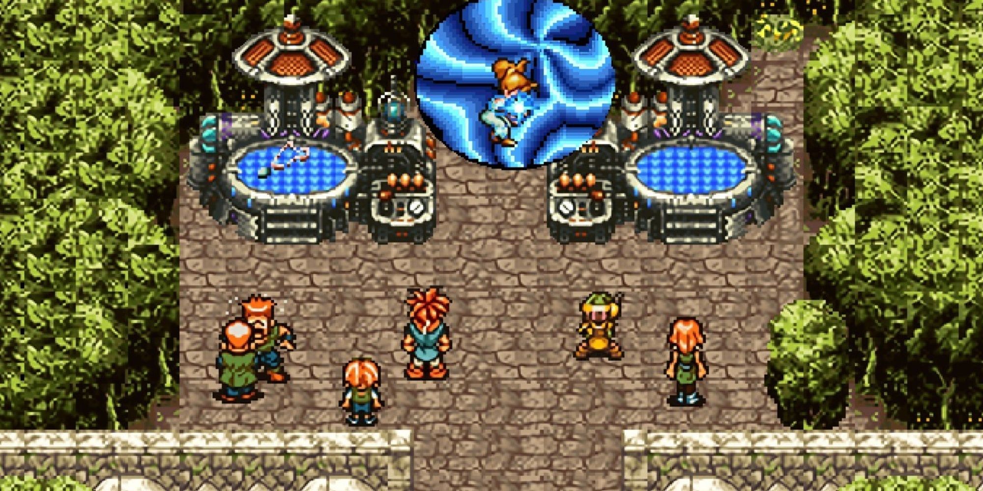 Chrono Trigger characters gathered in a park while Marl is sucked into a vortex.