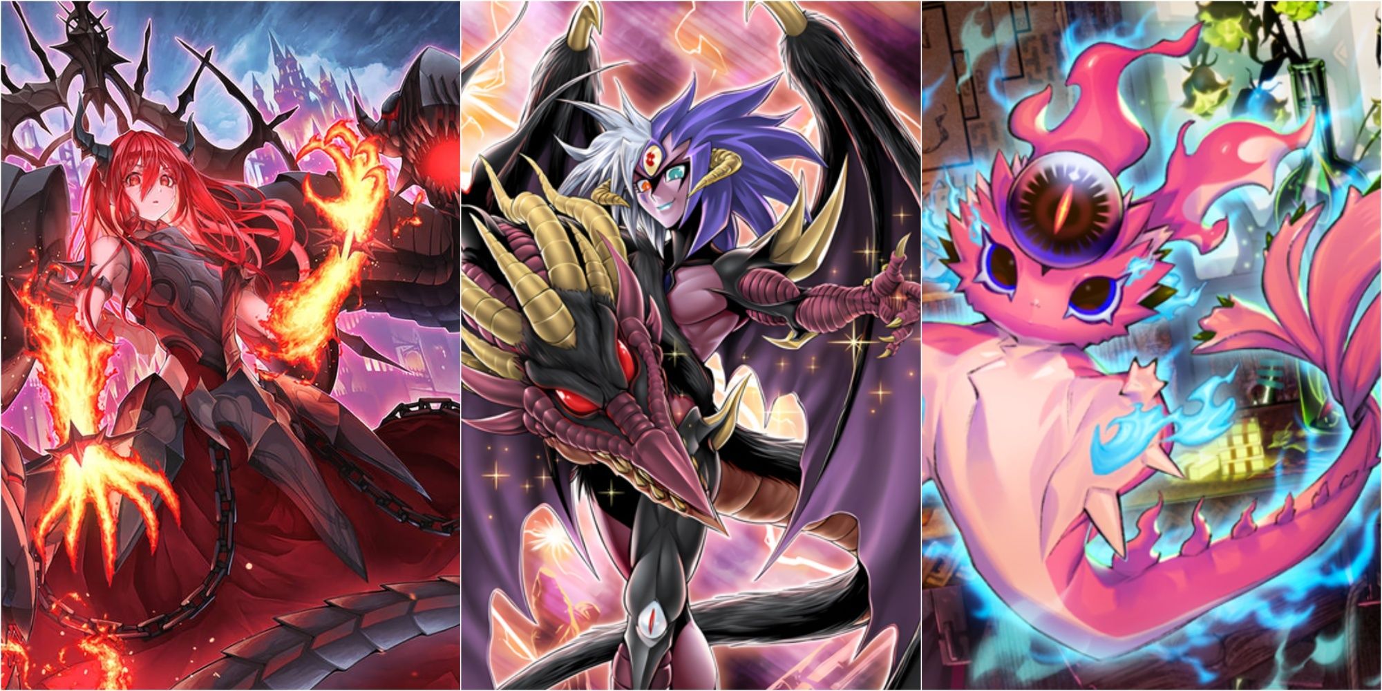 Card art of Promethan Princess, Yubel, and Snake-Eyes Poplar.