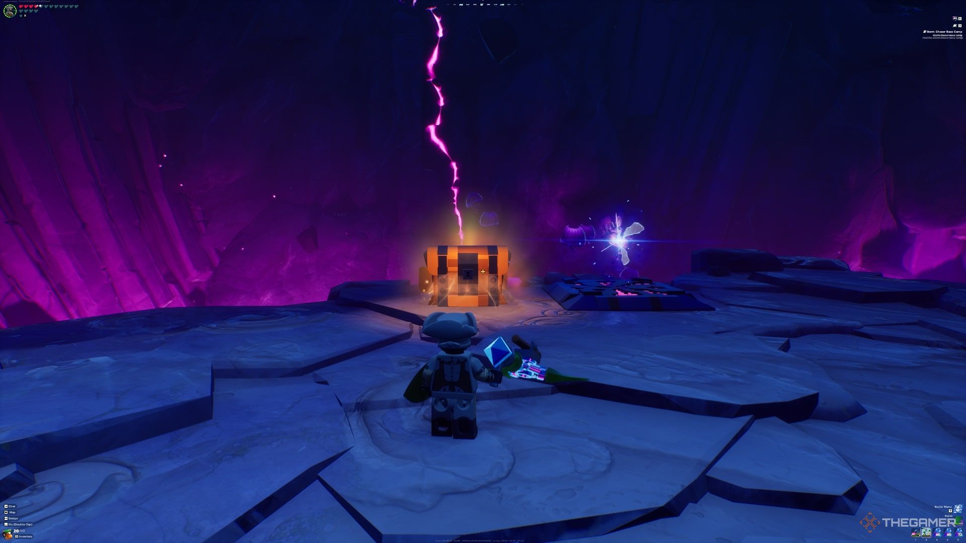 A glowing chest next to a rift in a Storm Dungeon in Lego Fortnite.