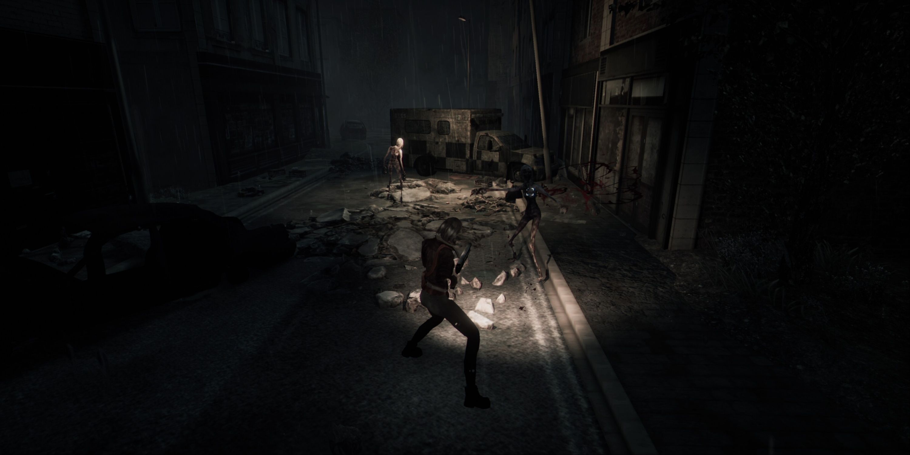 Hollowbody - The Main Protagonist Approaching Two Enemies In A Dark, Empty Street.