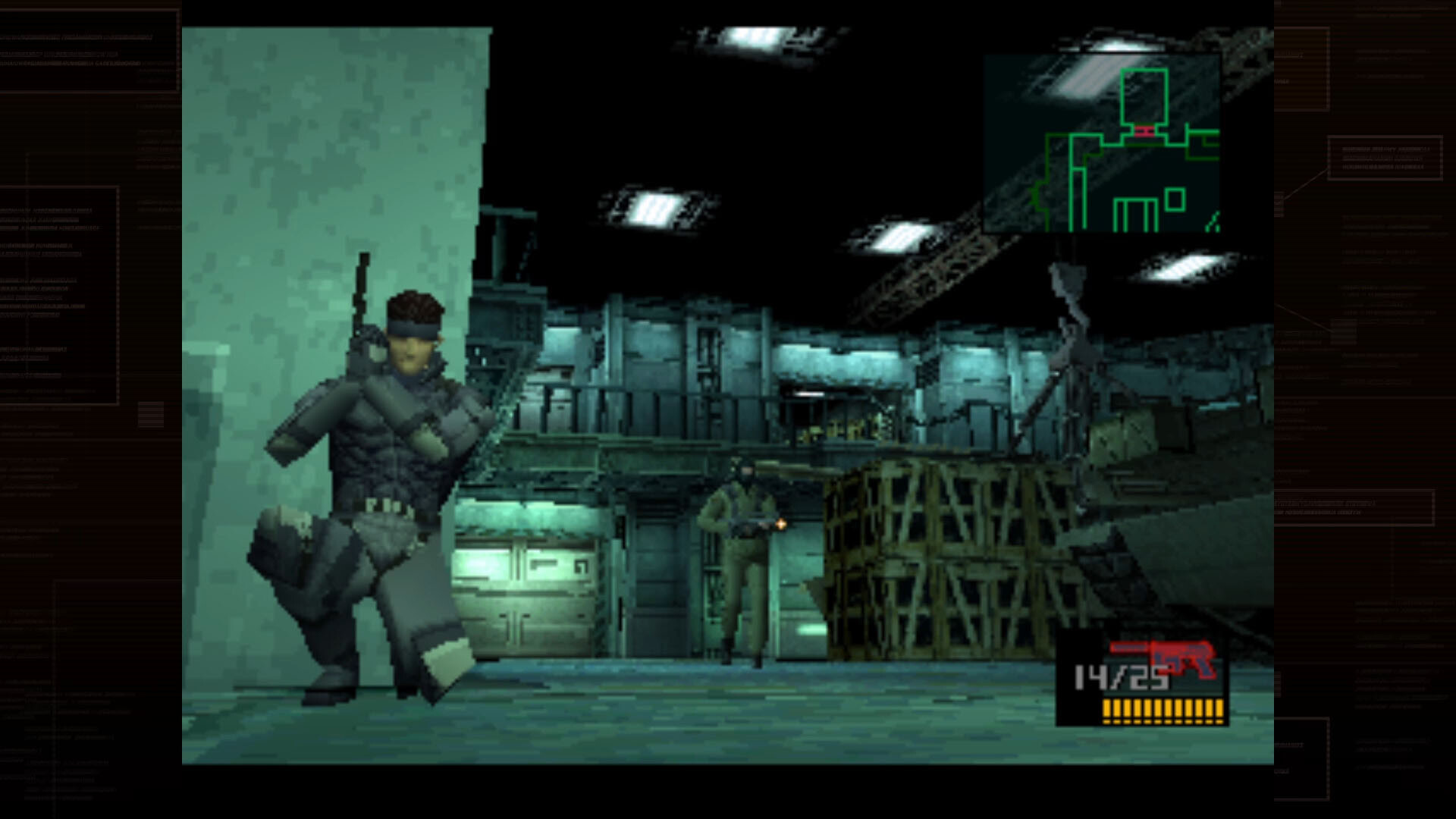 Solid Snake takes cover by backing onto a corner as a guard approaches in the Master Collection release of Metal Gear Solid