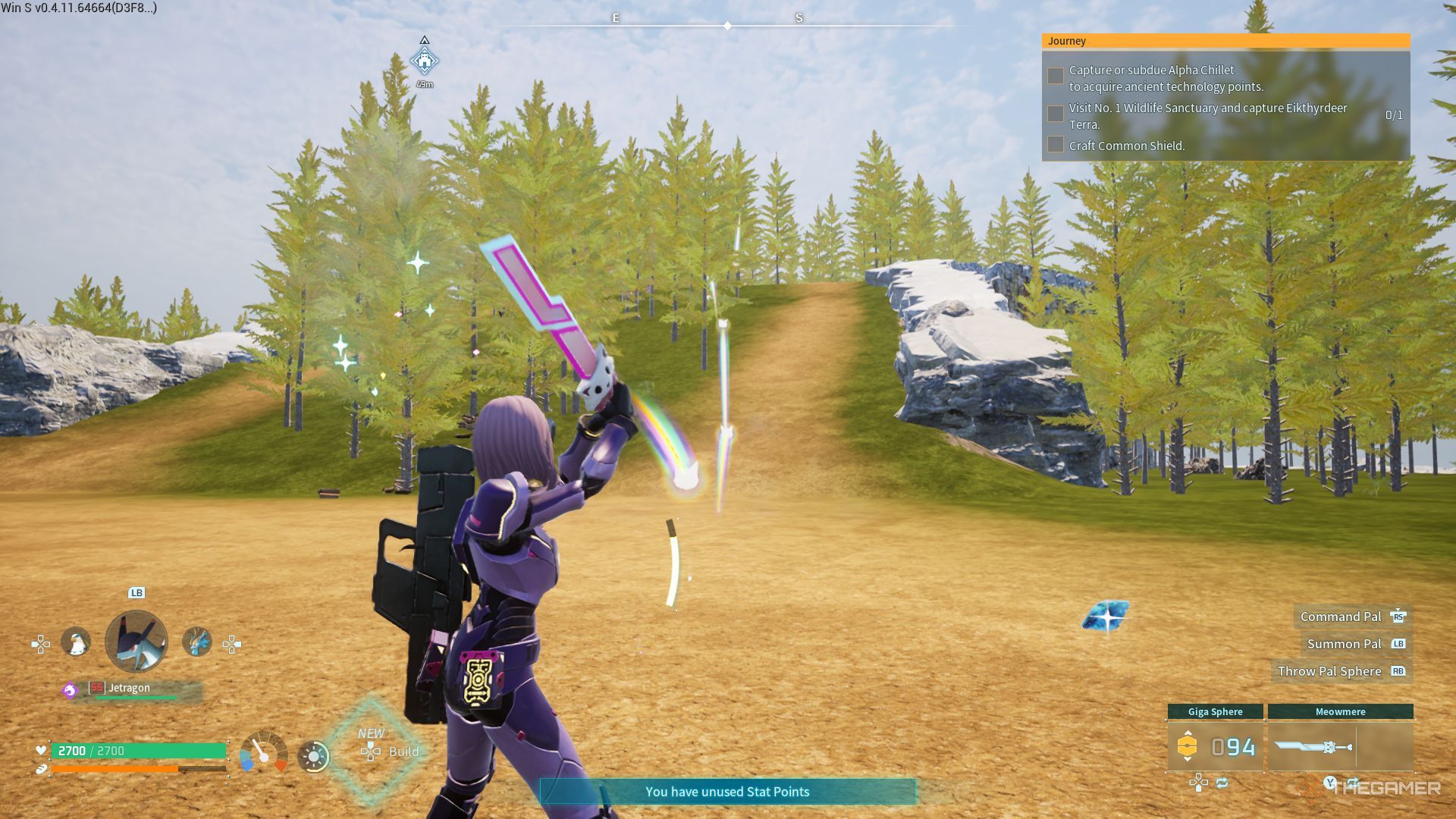 The player is using the Meowmere sword in Palworld.