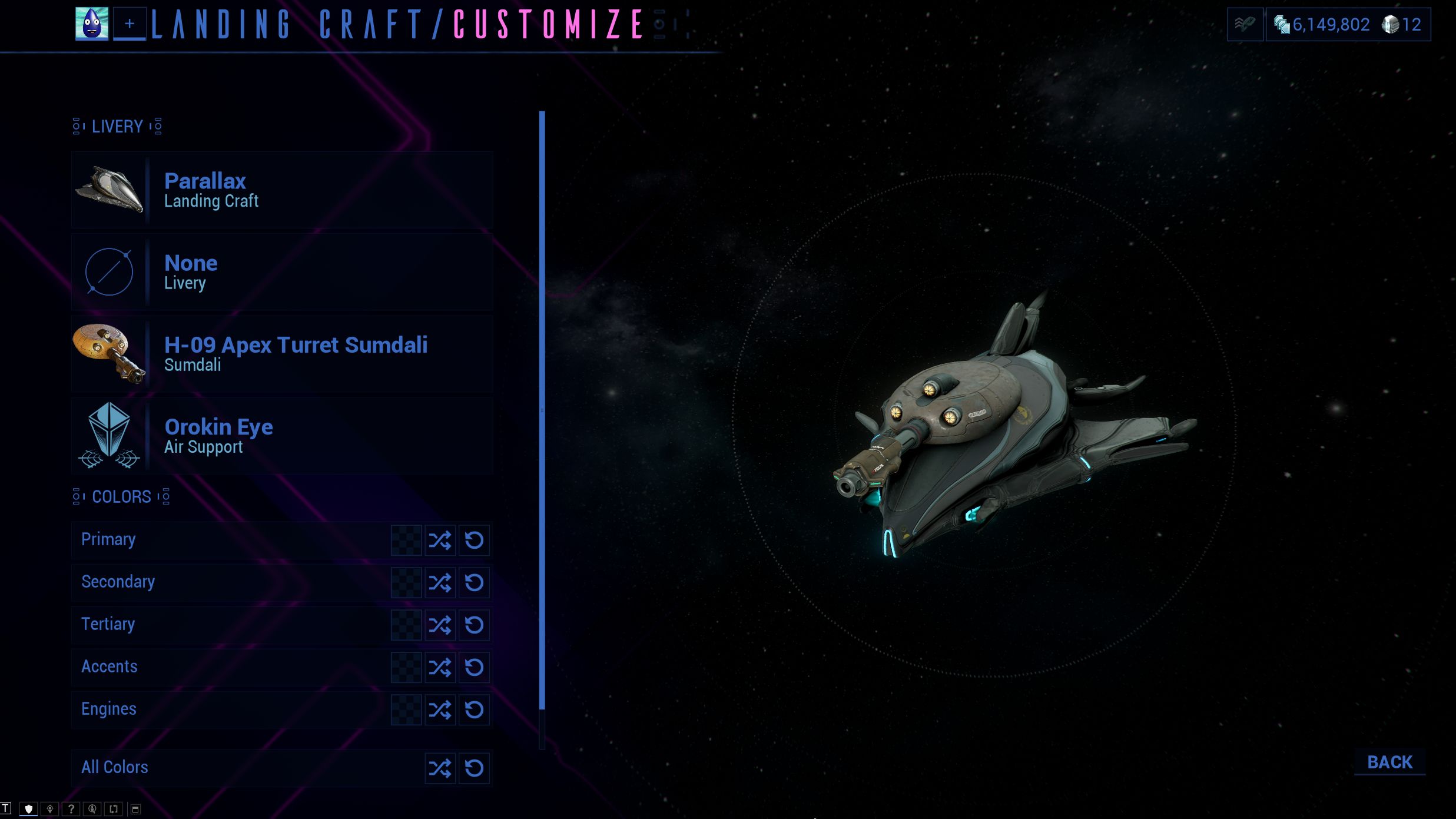 The Landing Craft customization menu showing the Apex sumdali in Warframe.