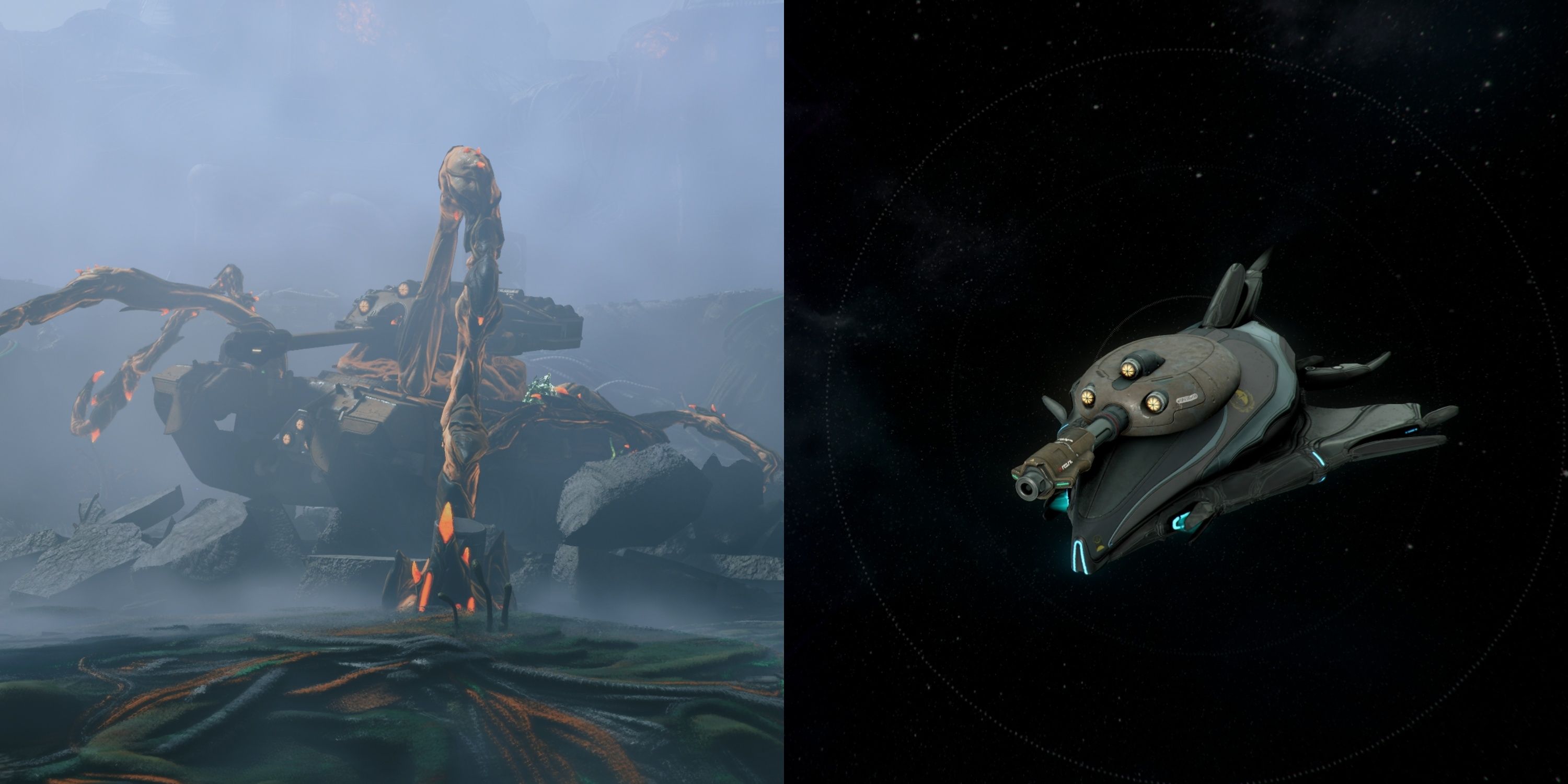 A collage of the H-09 Apex tank and a landing craft in Warframe.