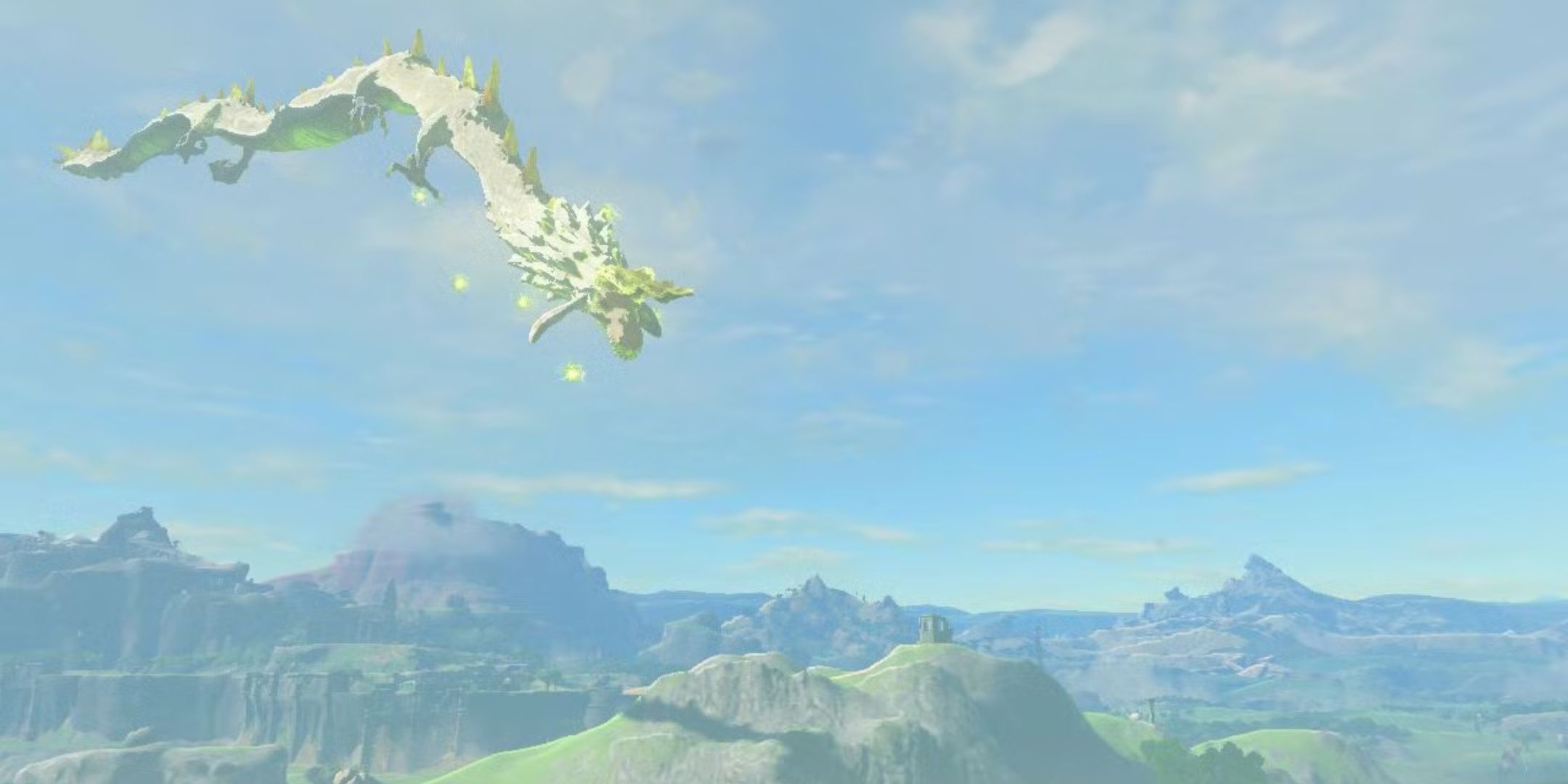 The Legend of Zelda: Tears of the Kingdom, Farosh flying through the sky with small orbs of electricity.