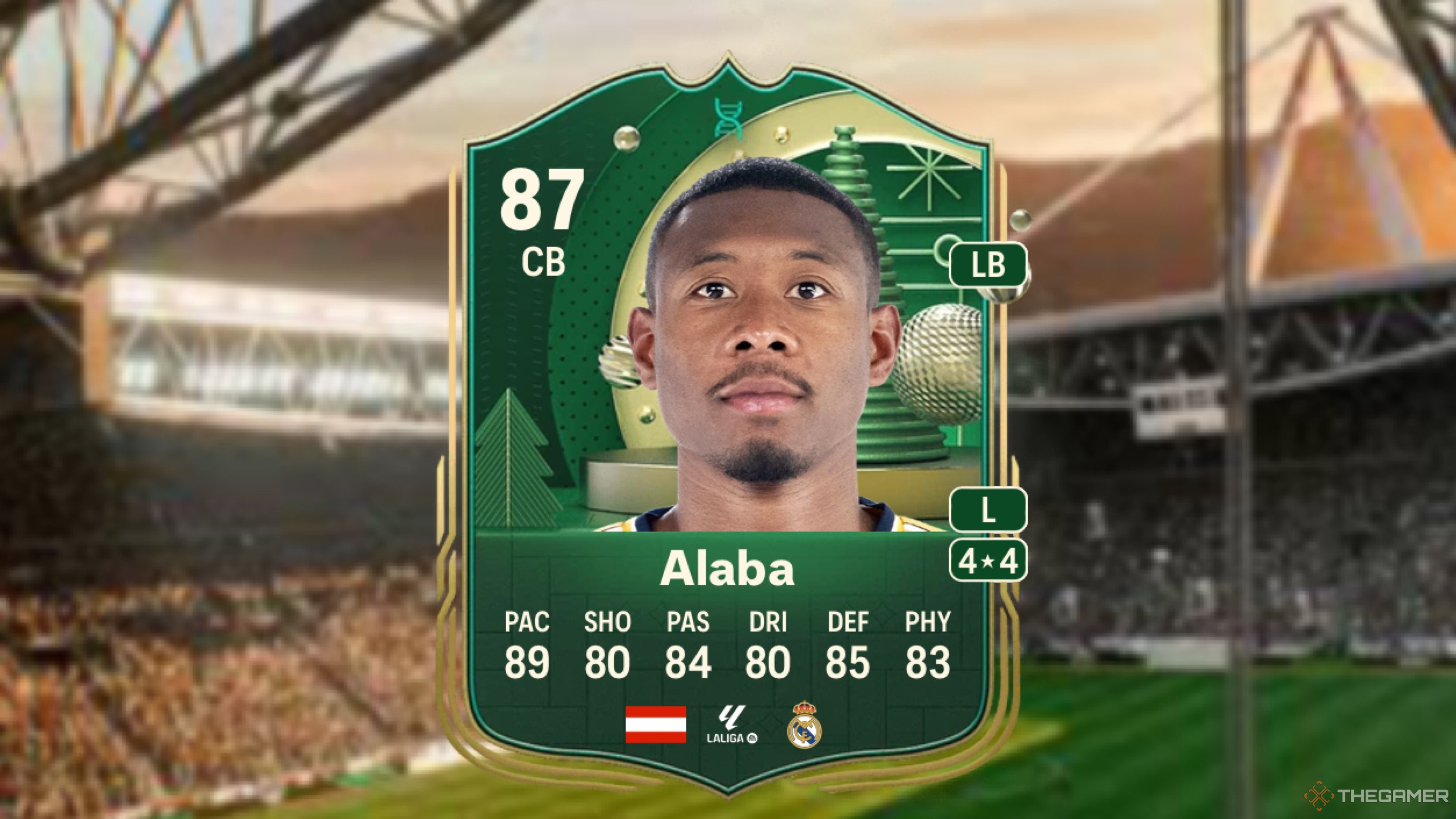 Image showing Alaba card against a faded stadium background.